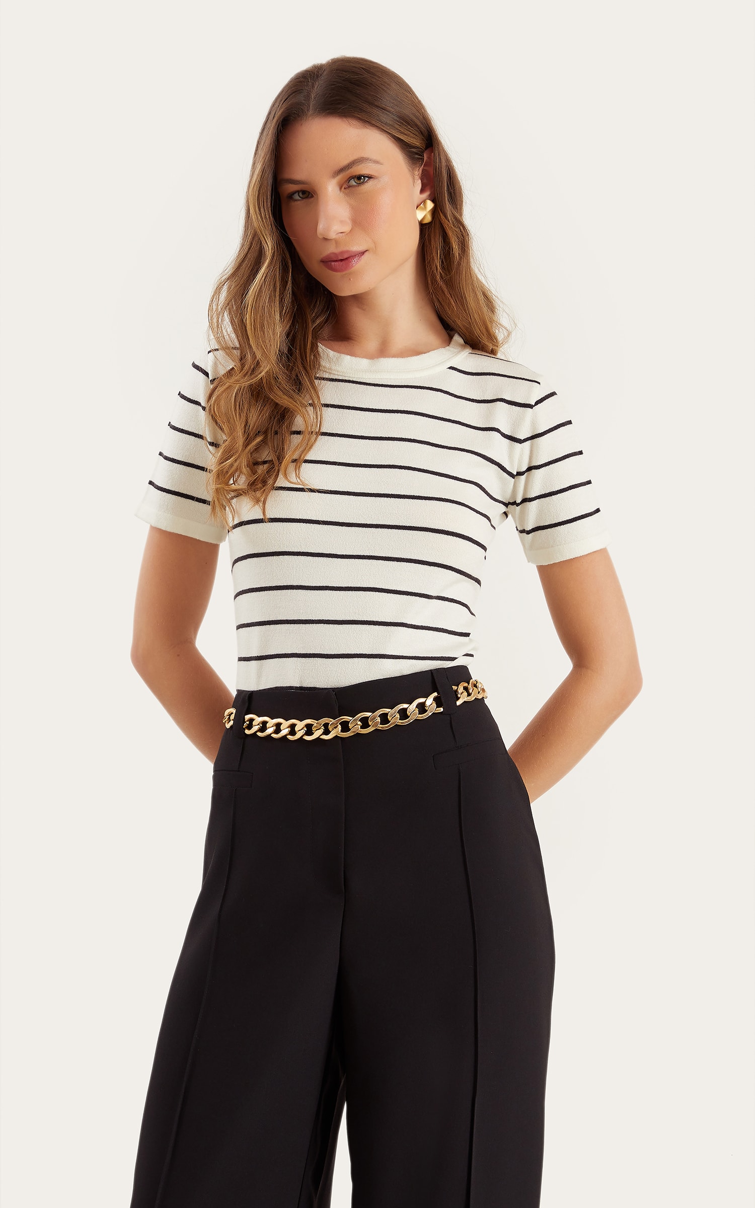 Blusa Tricot Listra Basic Preto e Off