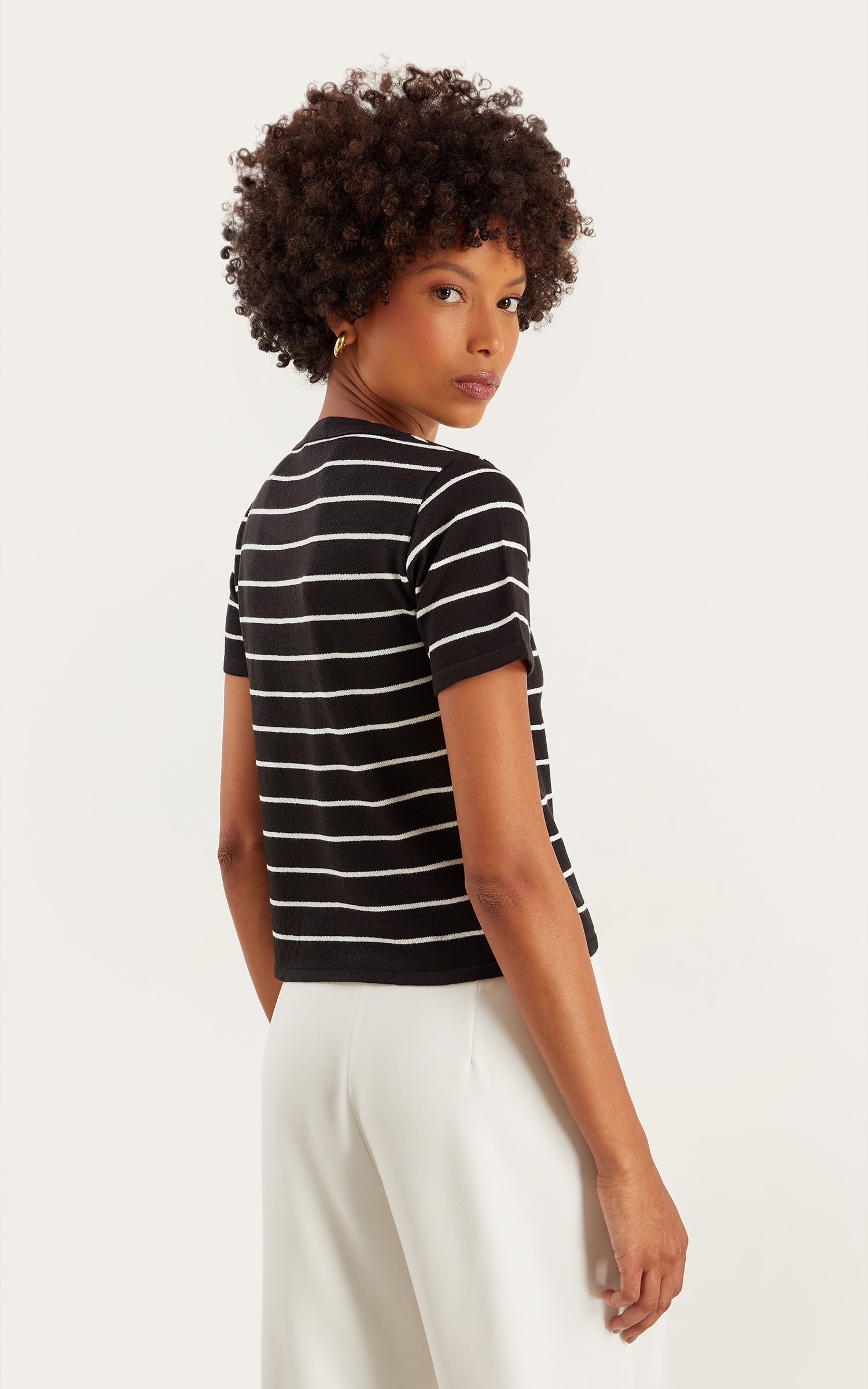Blusa Tricot Listra Basic Preto/Off