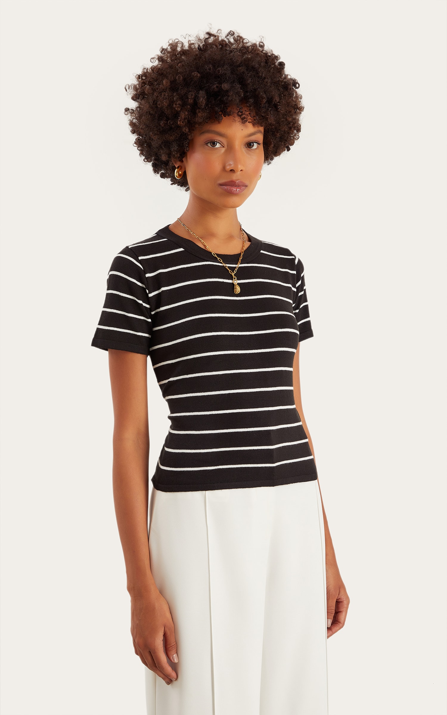 Blusa Tricot Listra Basic Preto/Off