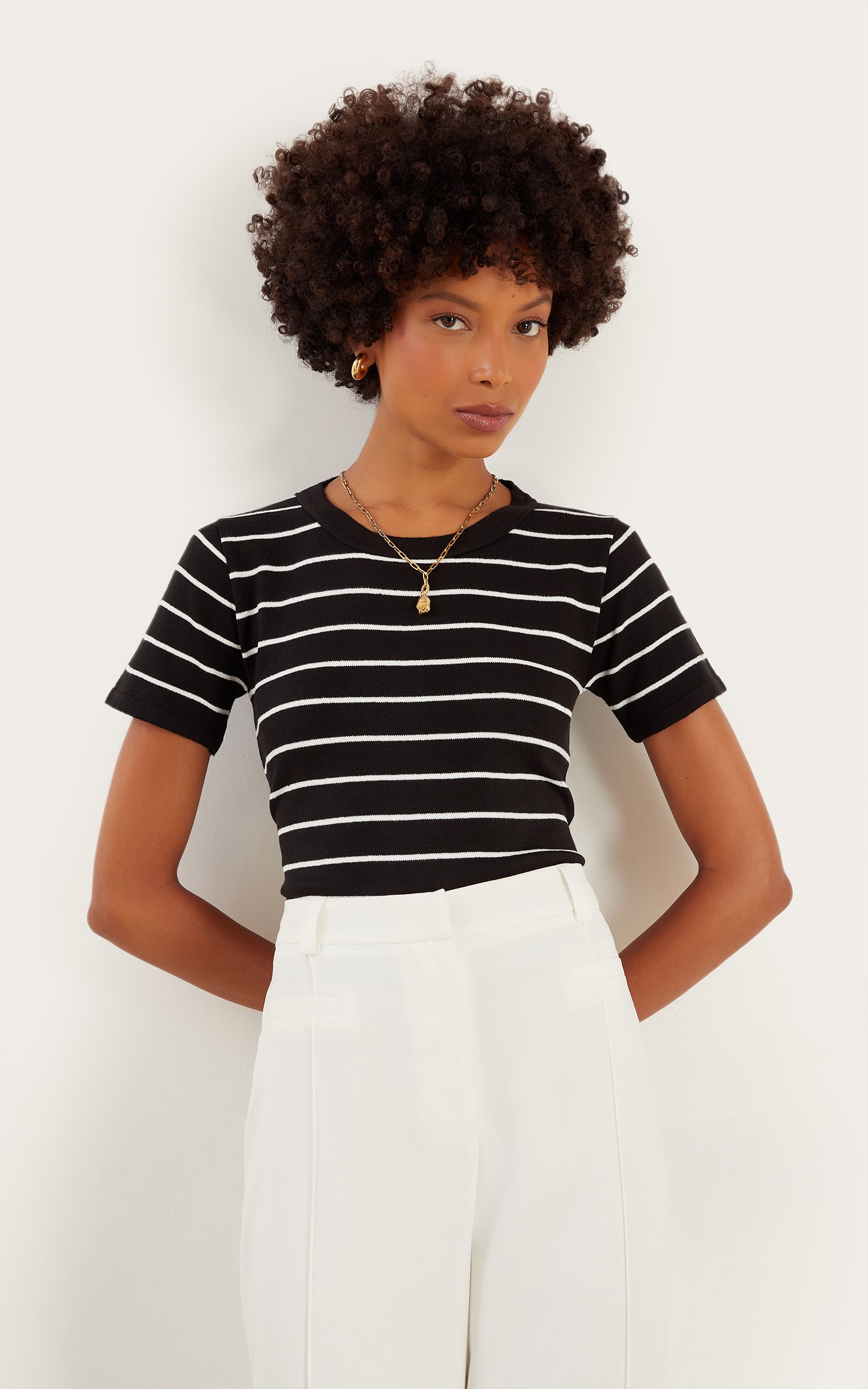 Blusa Tricot Listra Basic Preto/Off