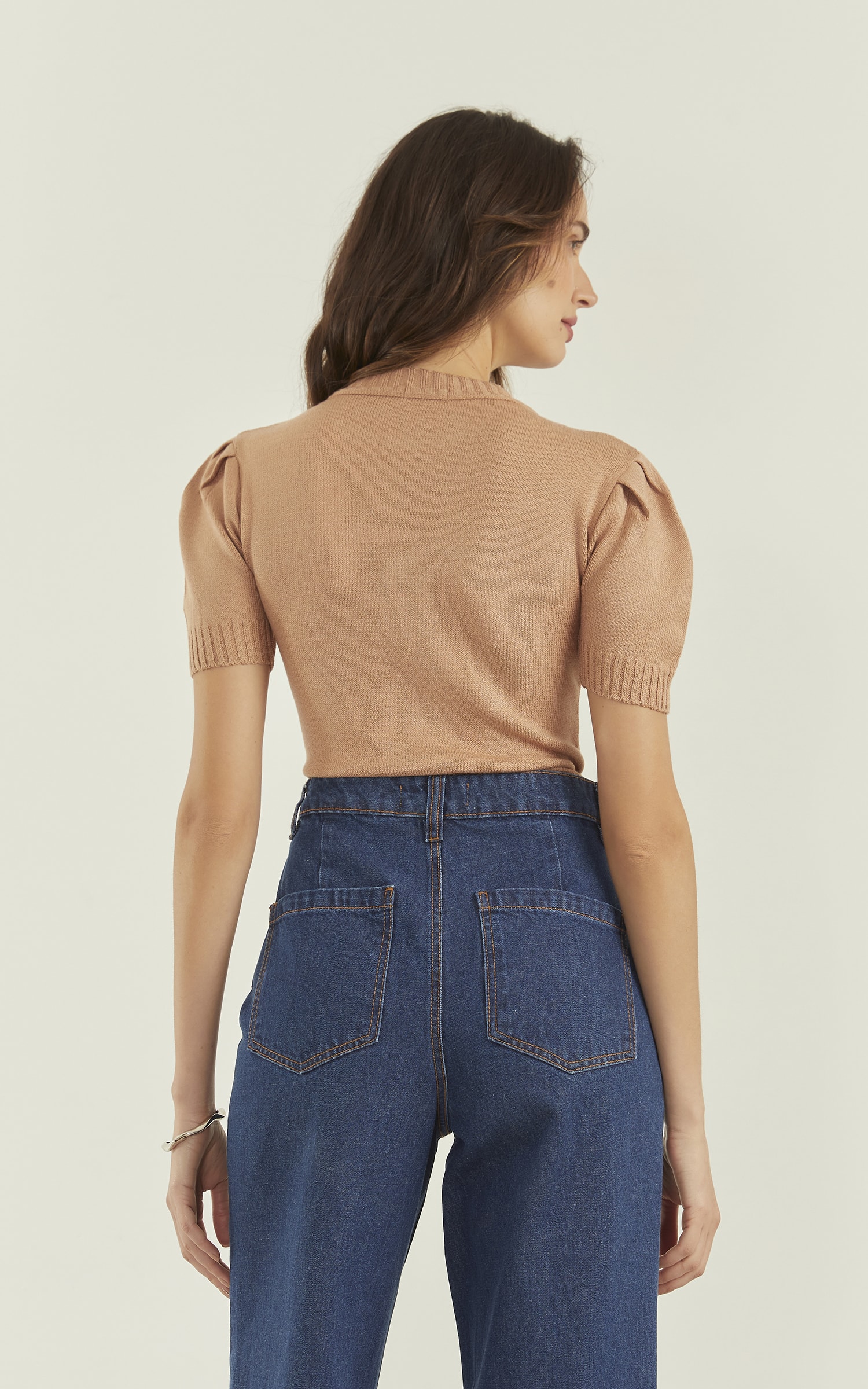 Blusa Tricot Manga Drapeada Caramelo