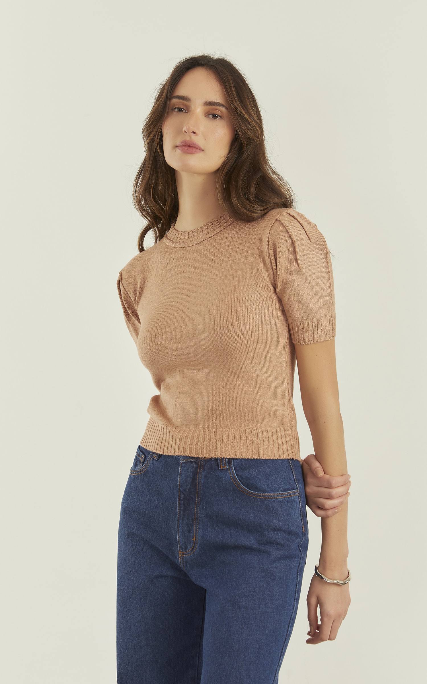 Blusa Tricot Manga Drapeada Caramelo