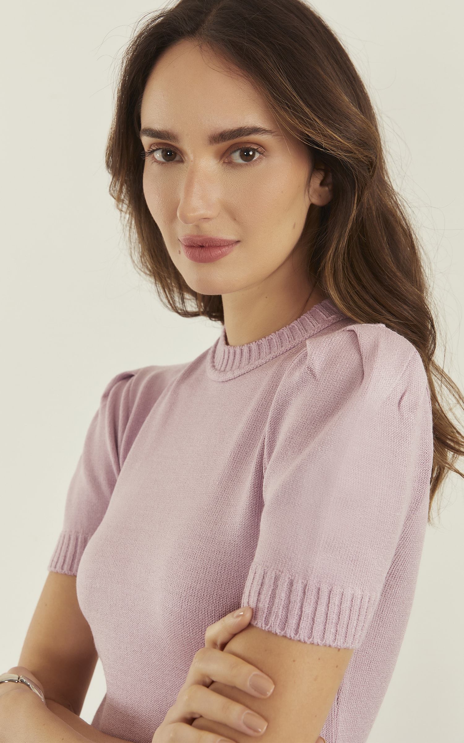 Blusa Tricot Manga Drapeada Lavanda