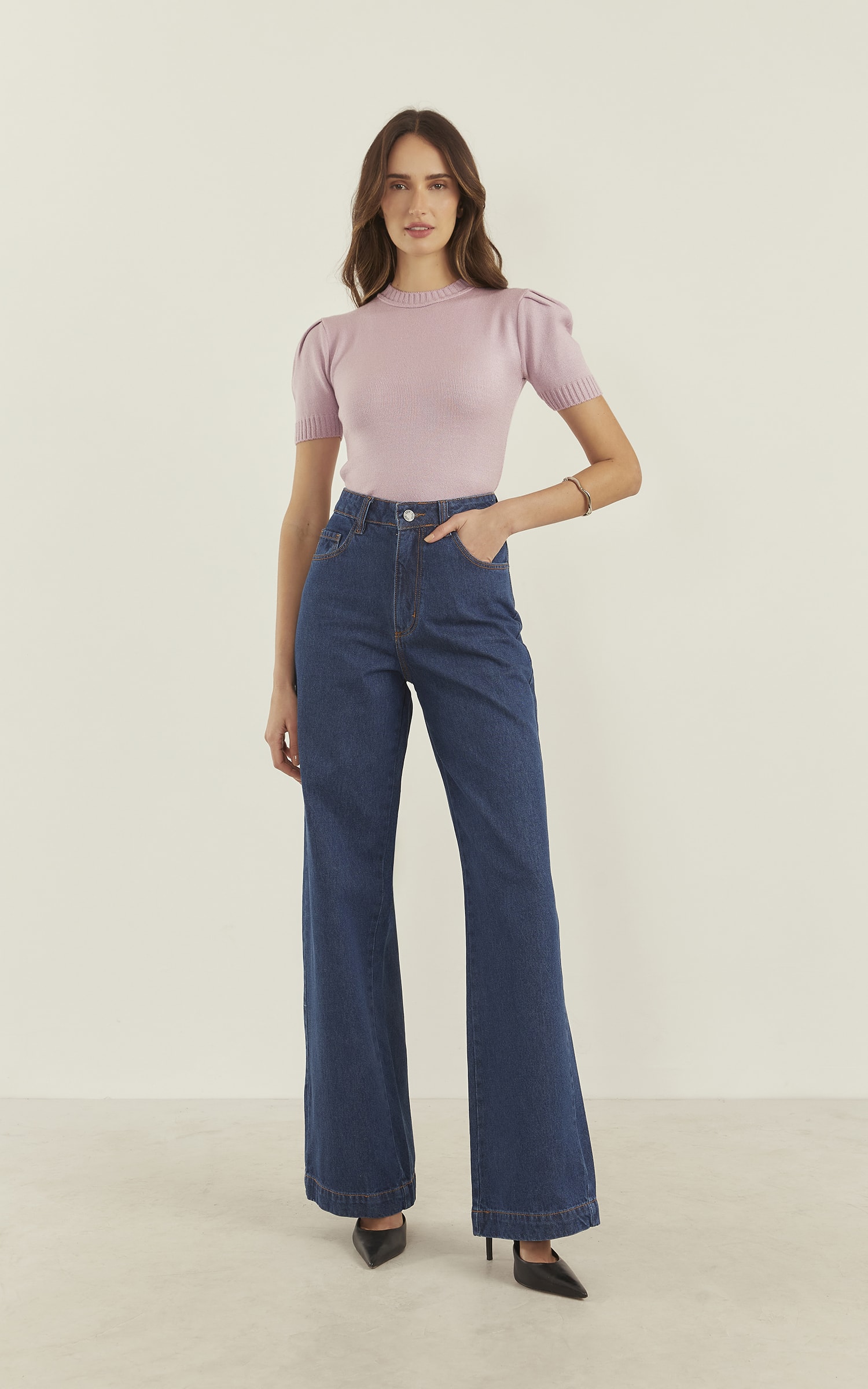 Blusa Tricot Manga Drapeada Lavanda