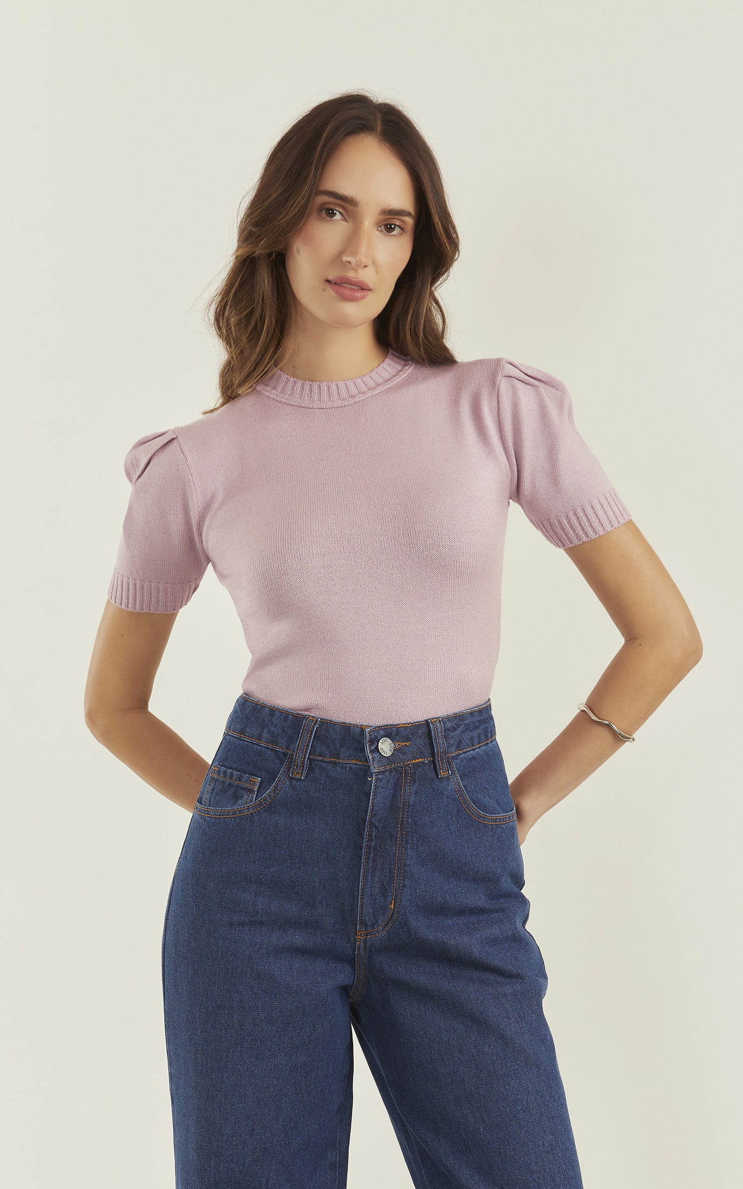 Blusa Tricot Manga Drapeada Lavanda