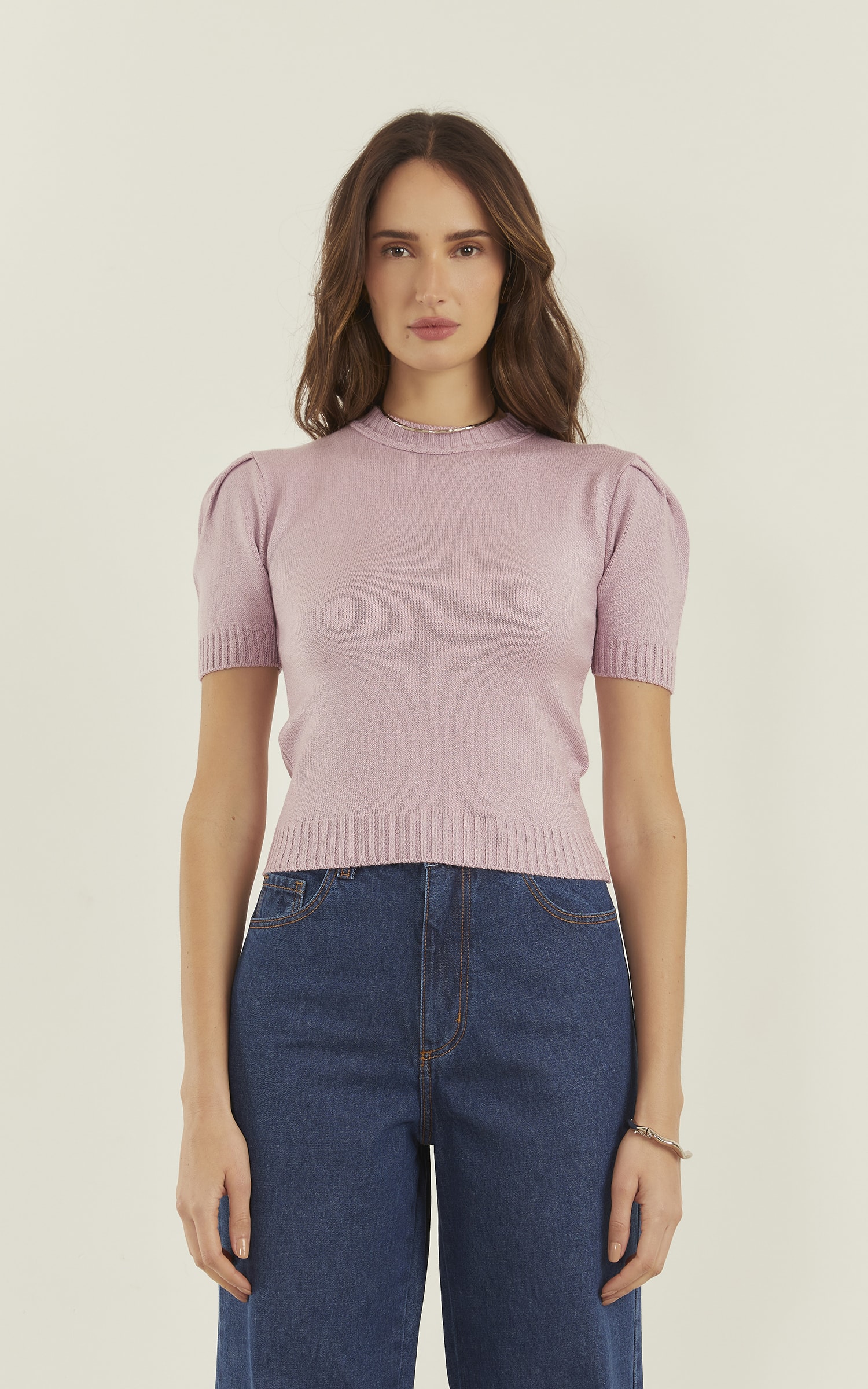 Blusa Tricot Manga Drapeada Lavanda
