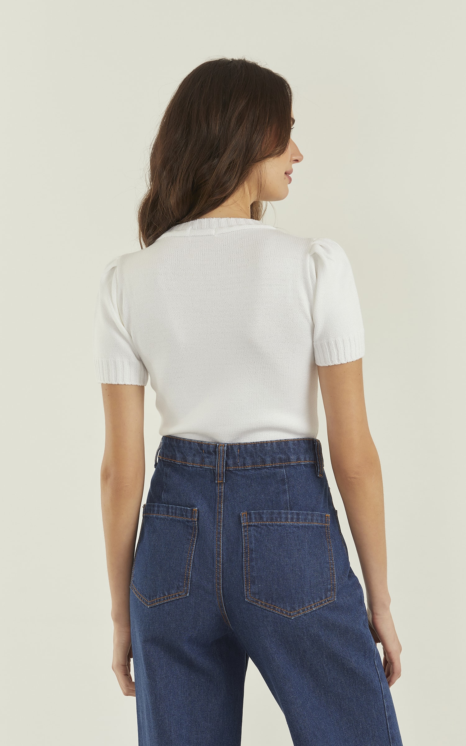 Blusa Tricot Manga Drapeada Off White