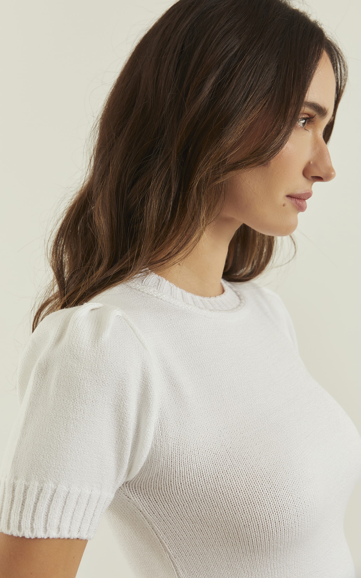 Blusa Tricot Manga Drapeada Off White