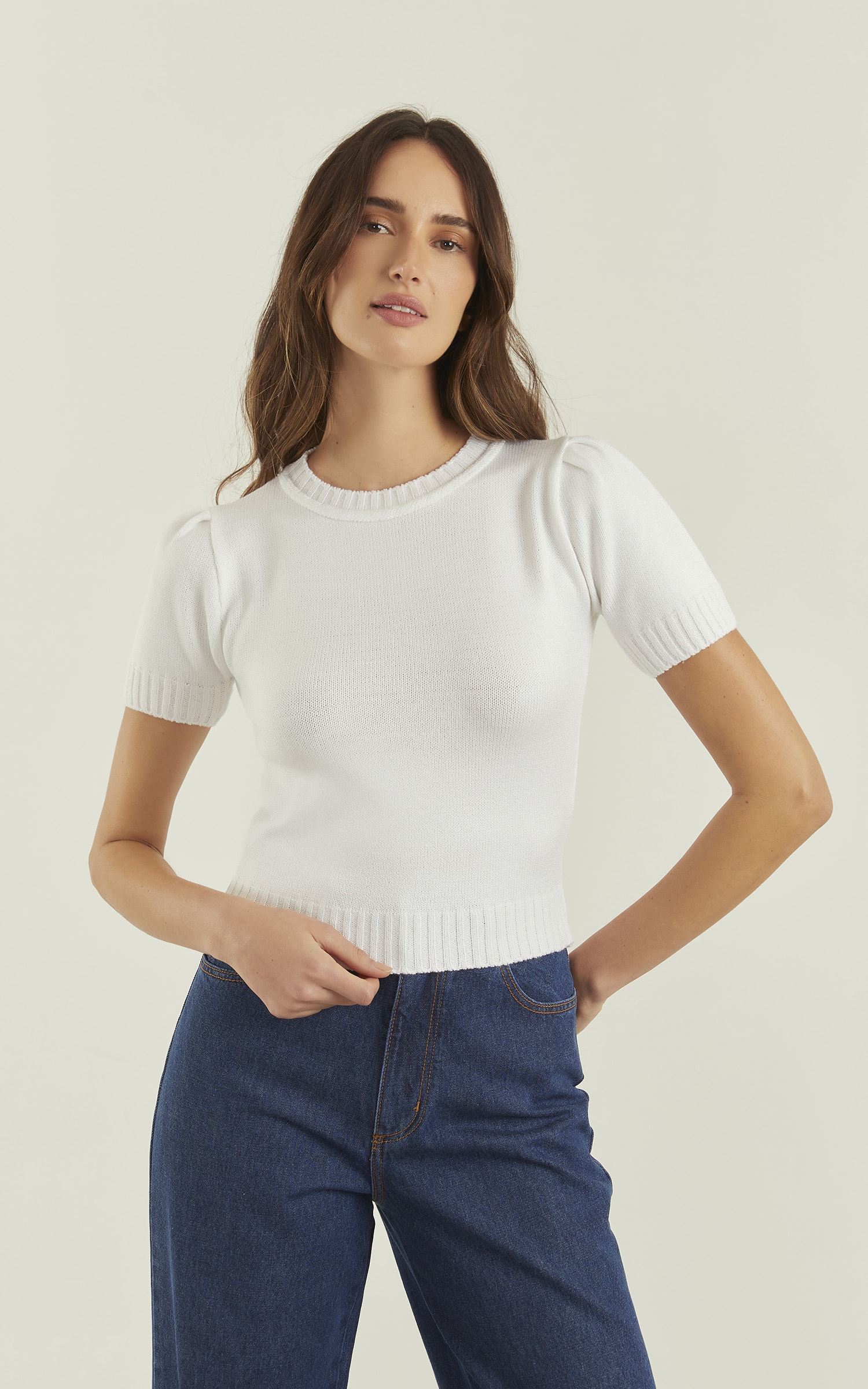 Blusa Tricot Manga Drapeada Off White