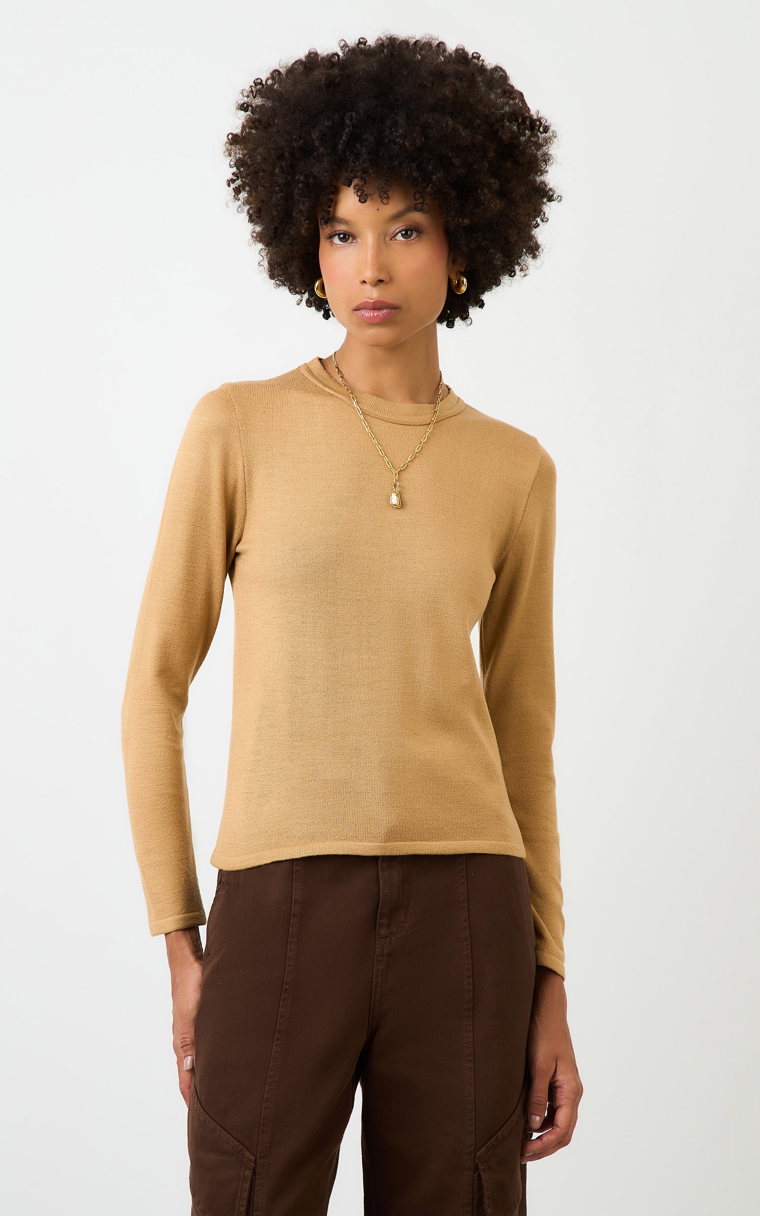 Blusa Tricot Manga Longa Amendoa