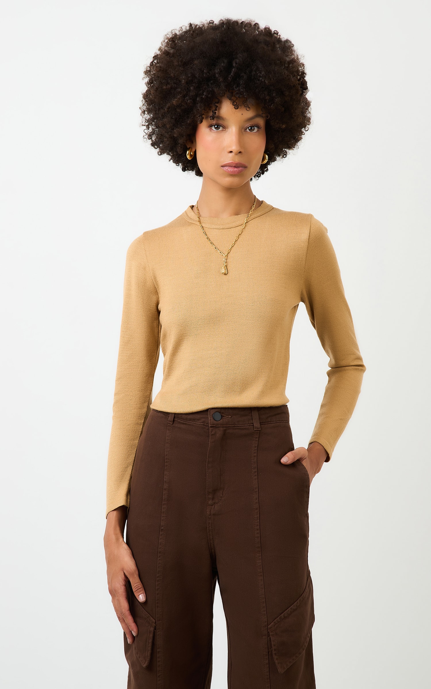 Blusa Tricot Manga Longa Amendoa