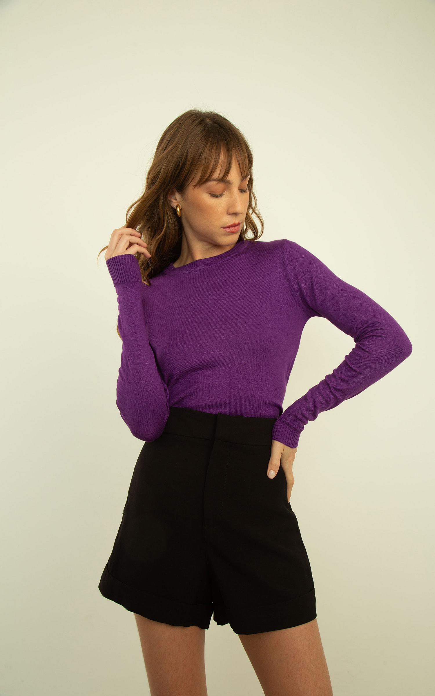 Blusa Tricot Manga Longa Basic Roxo