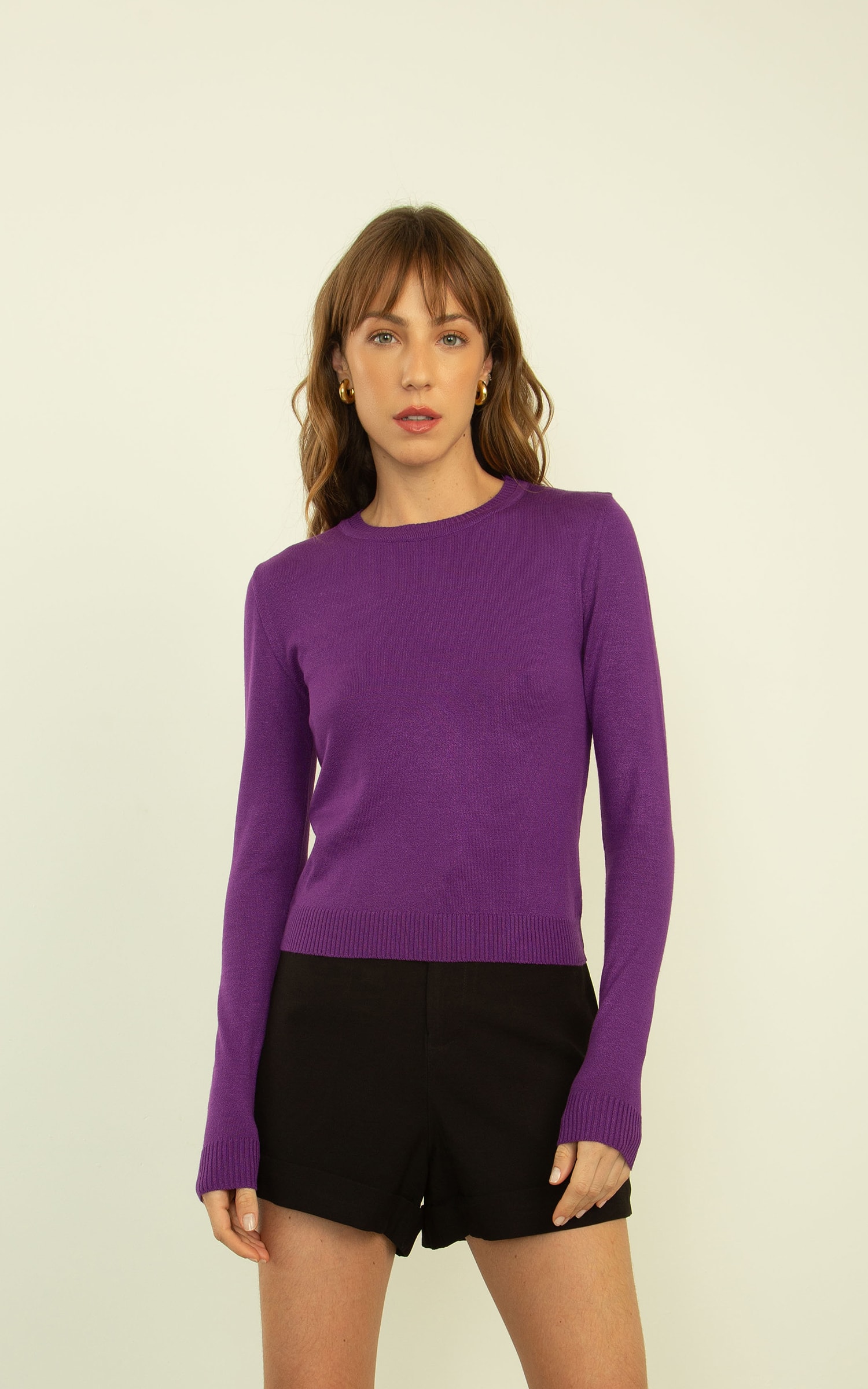 Blusa Tricot Manga Longa Basic Roxo