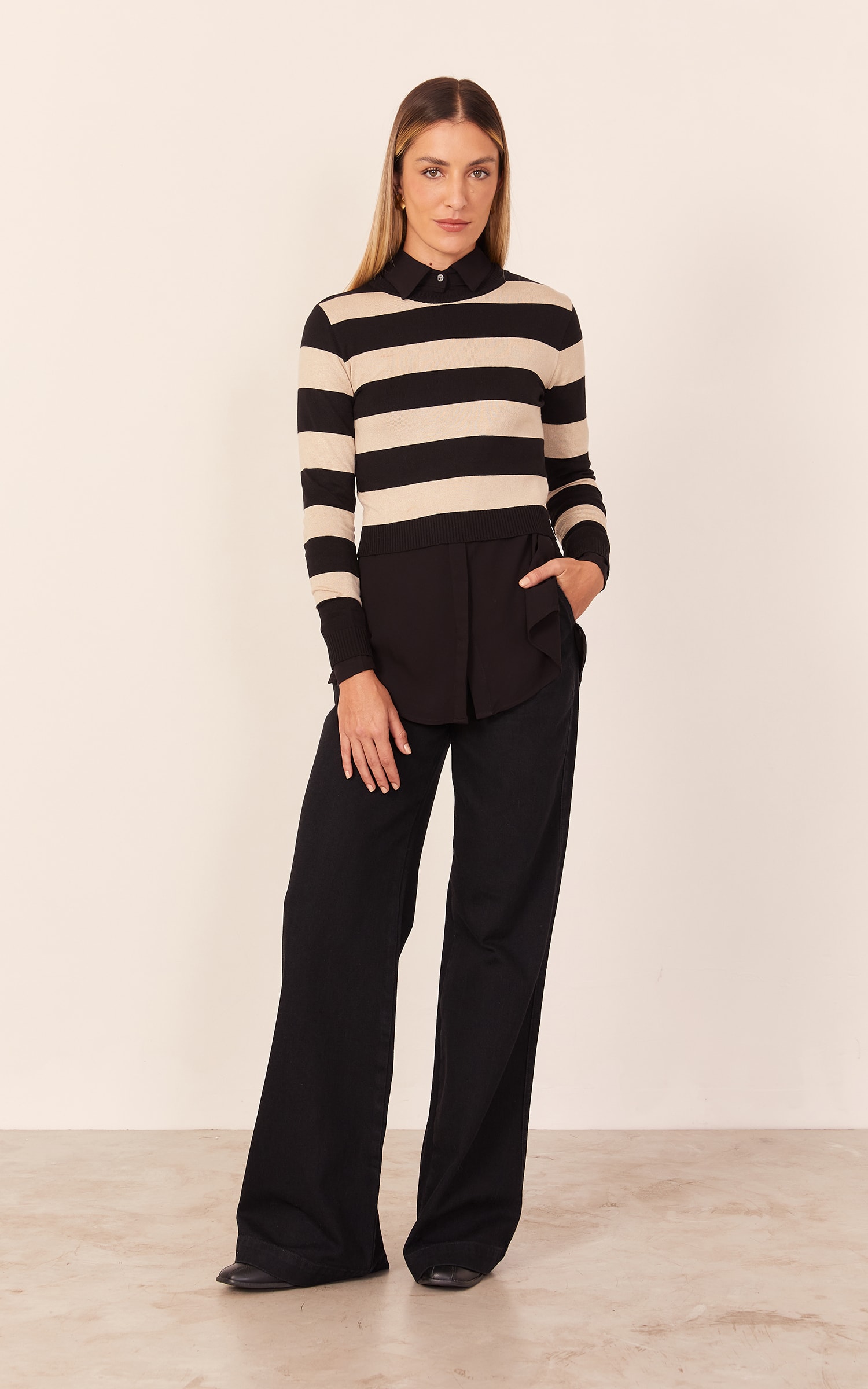 Blusa Tricot Manga Longa Listras Preto e Areia
