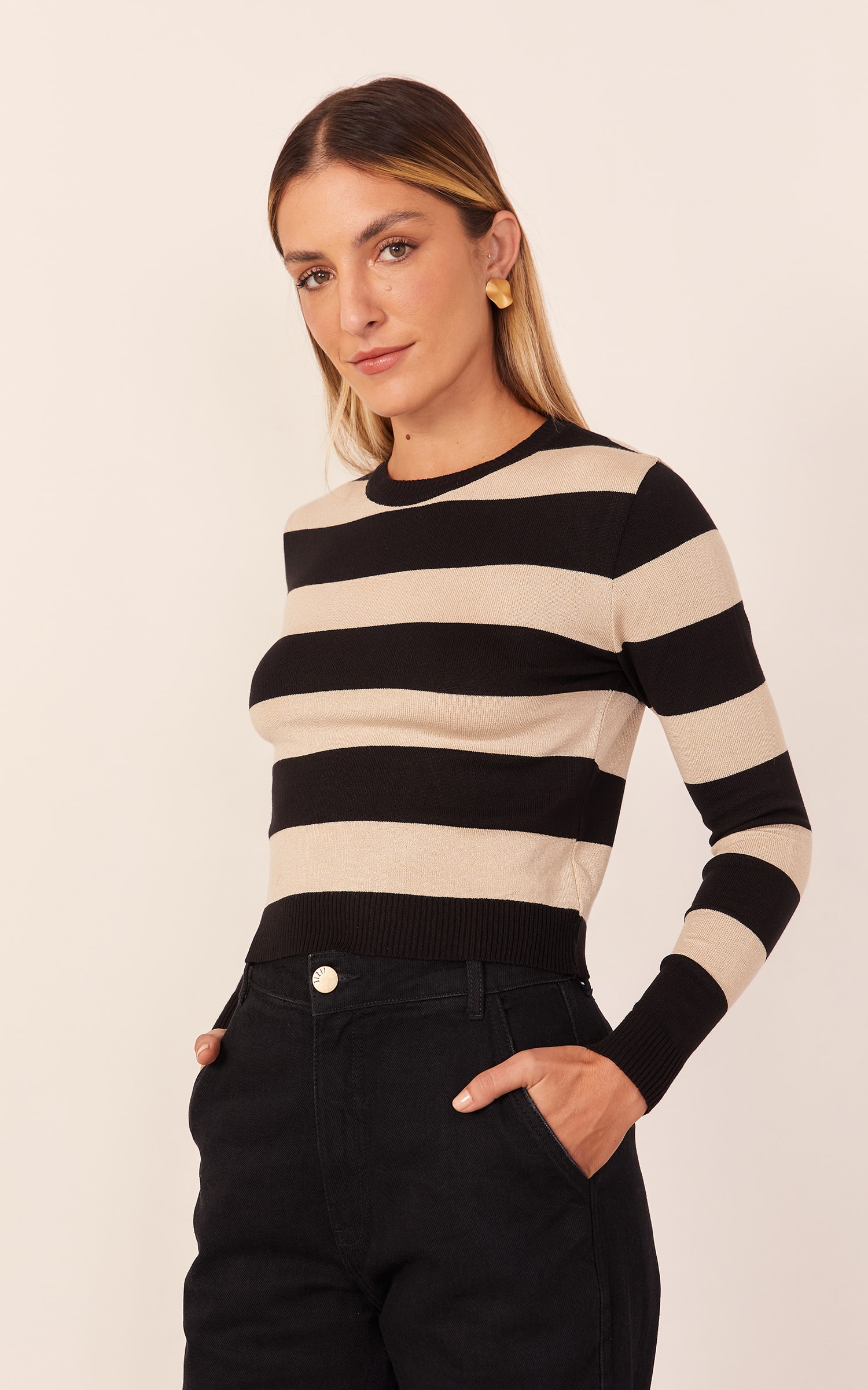 Blusa Tricot Manga Longa Listras Preto e Areia