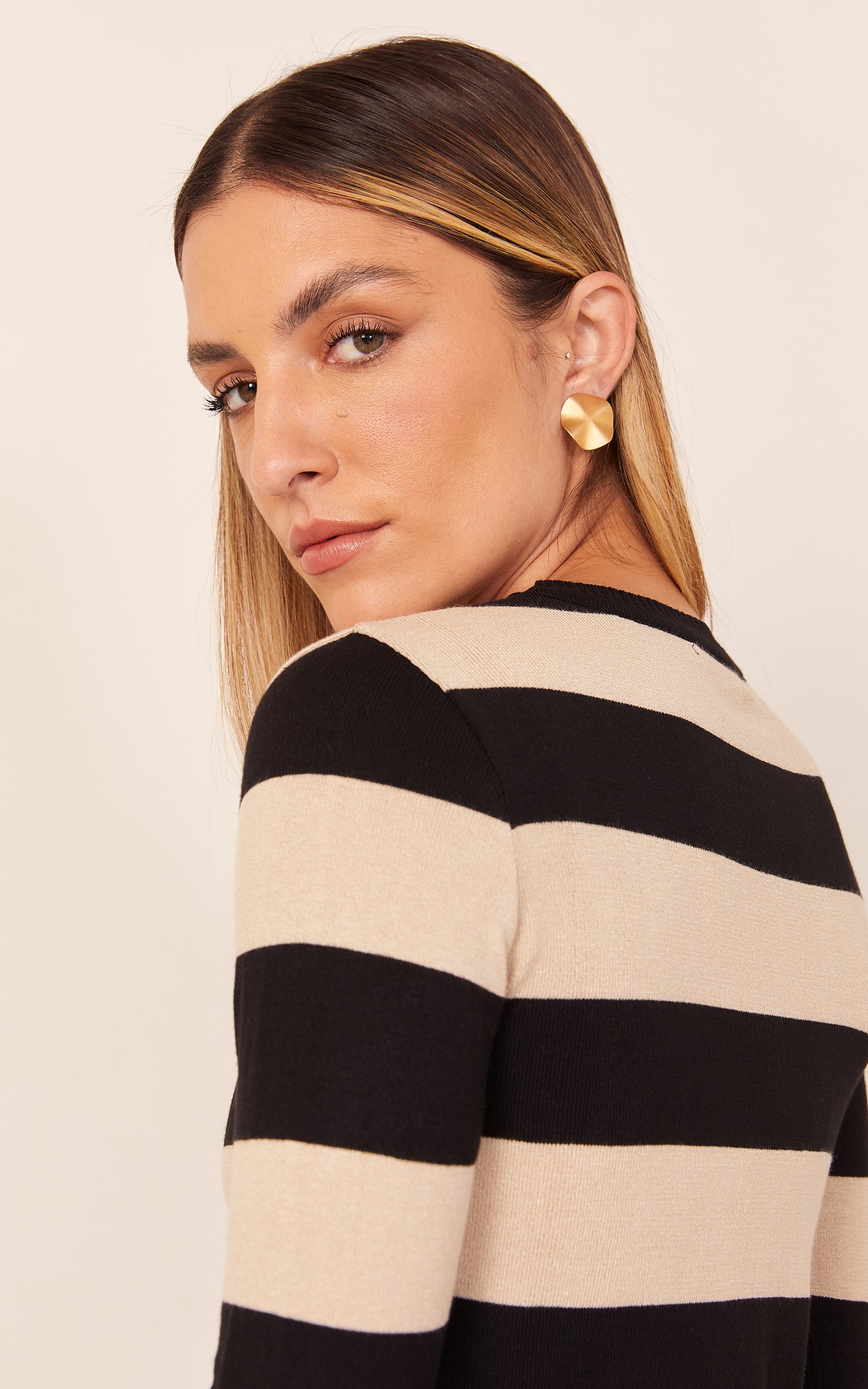 Blusa Tricot Manga Longa Listras Preto e Areia
