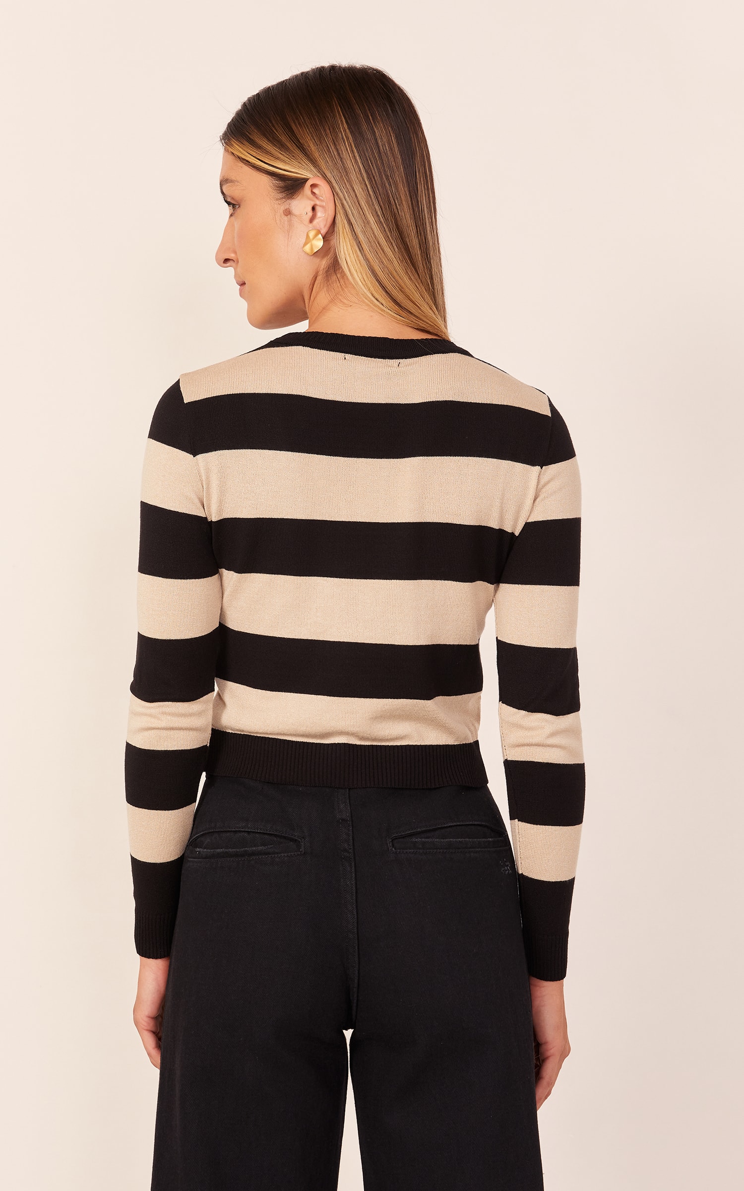 Blusa Tricot Manga Longa Listras Preto e Areia