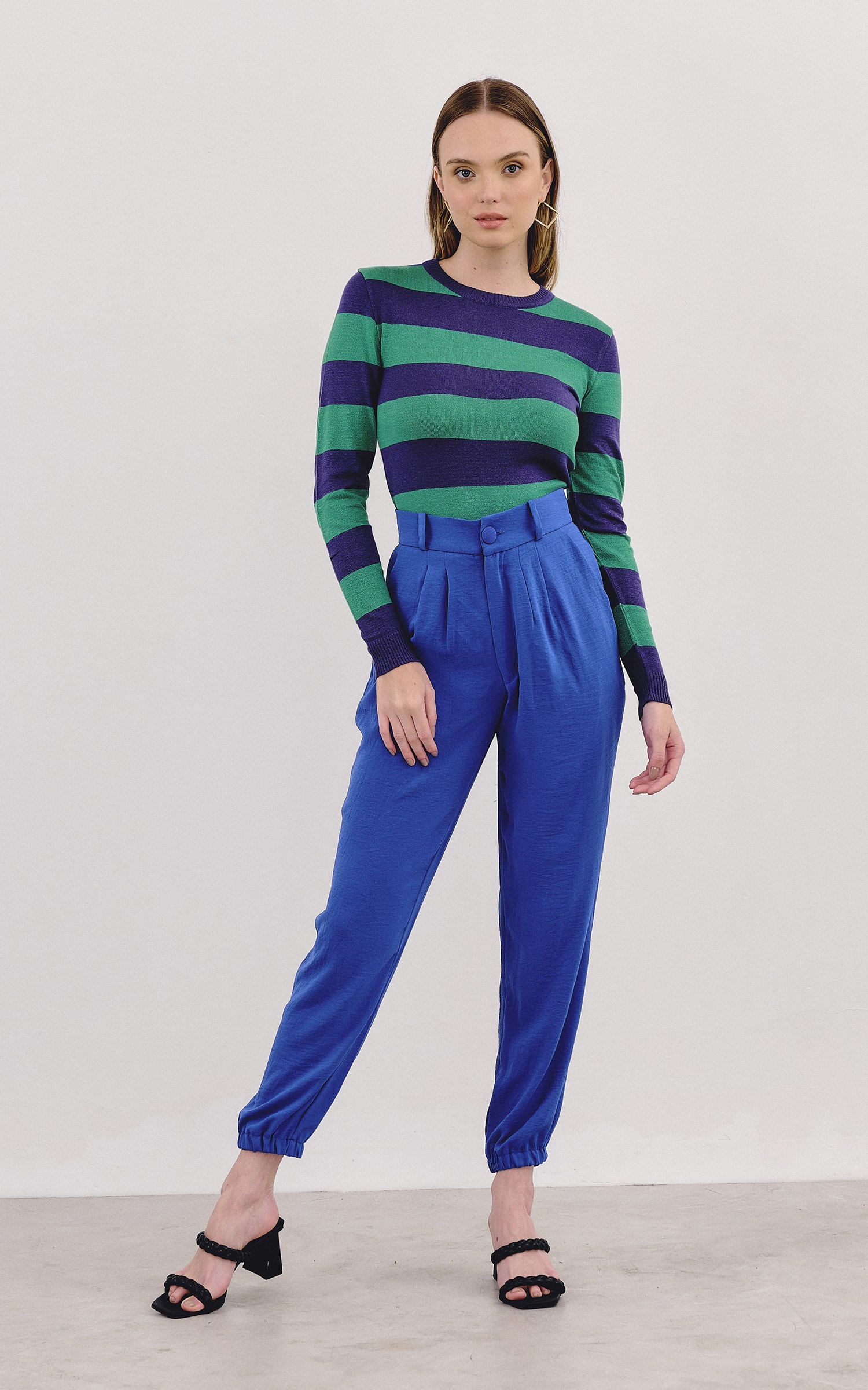 Blusa Tricot Manga Longa Listras Verde e Royal