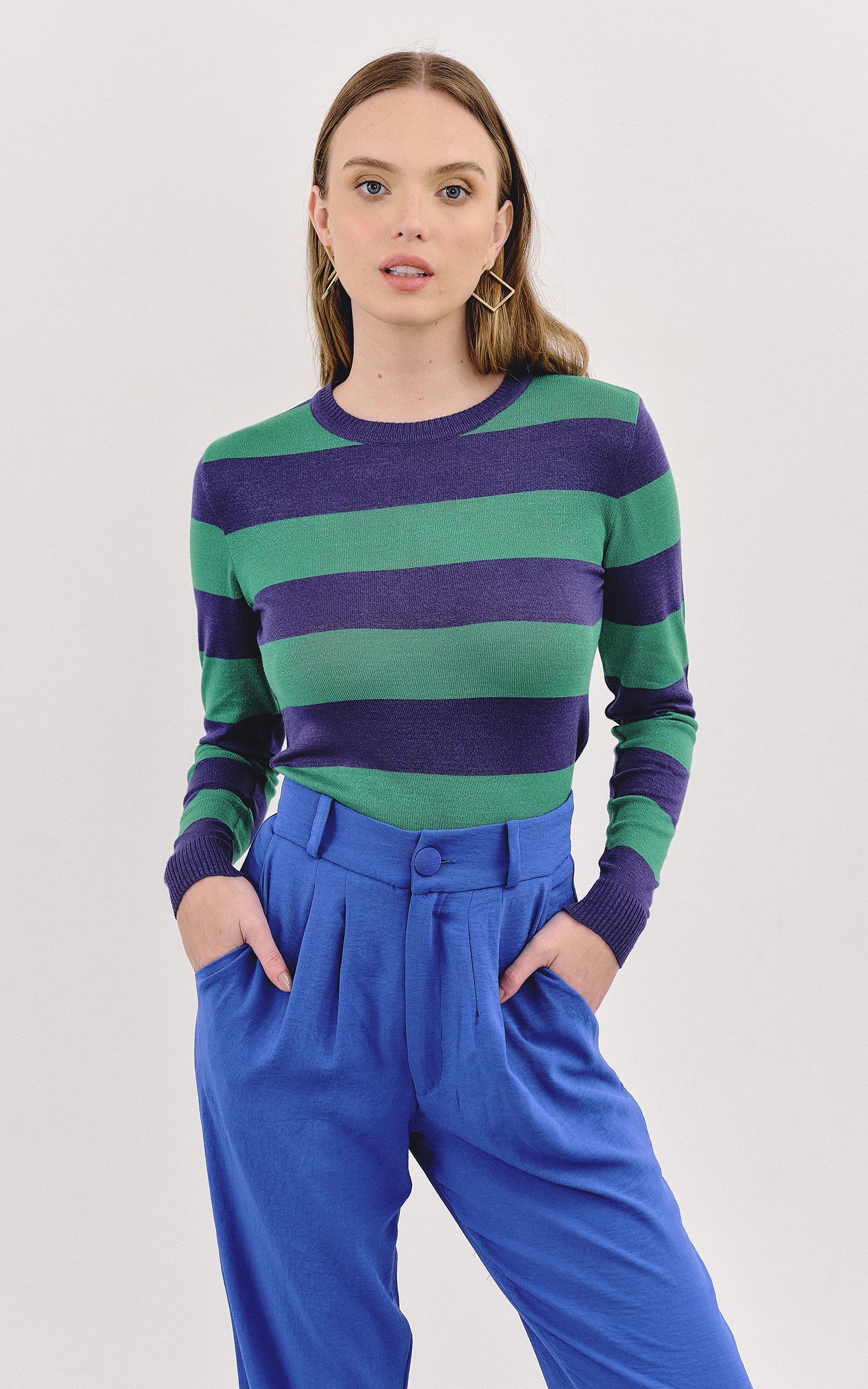 Blusa Tricot Manga Longa Listras Verde e Royal