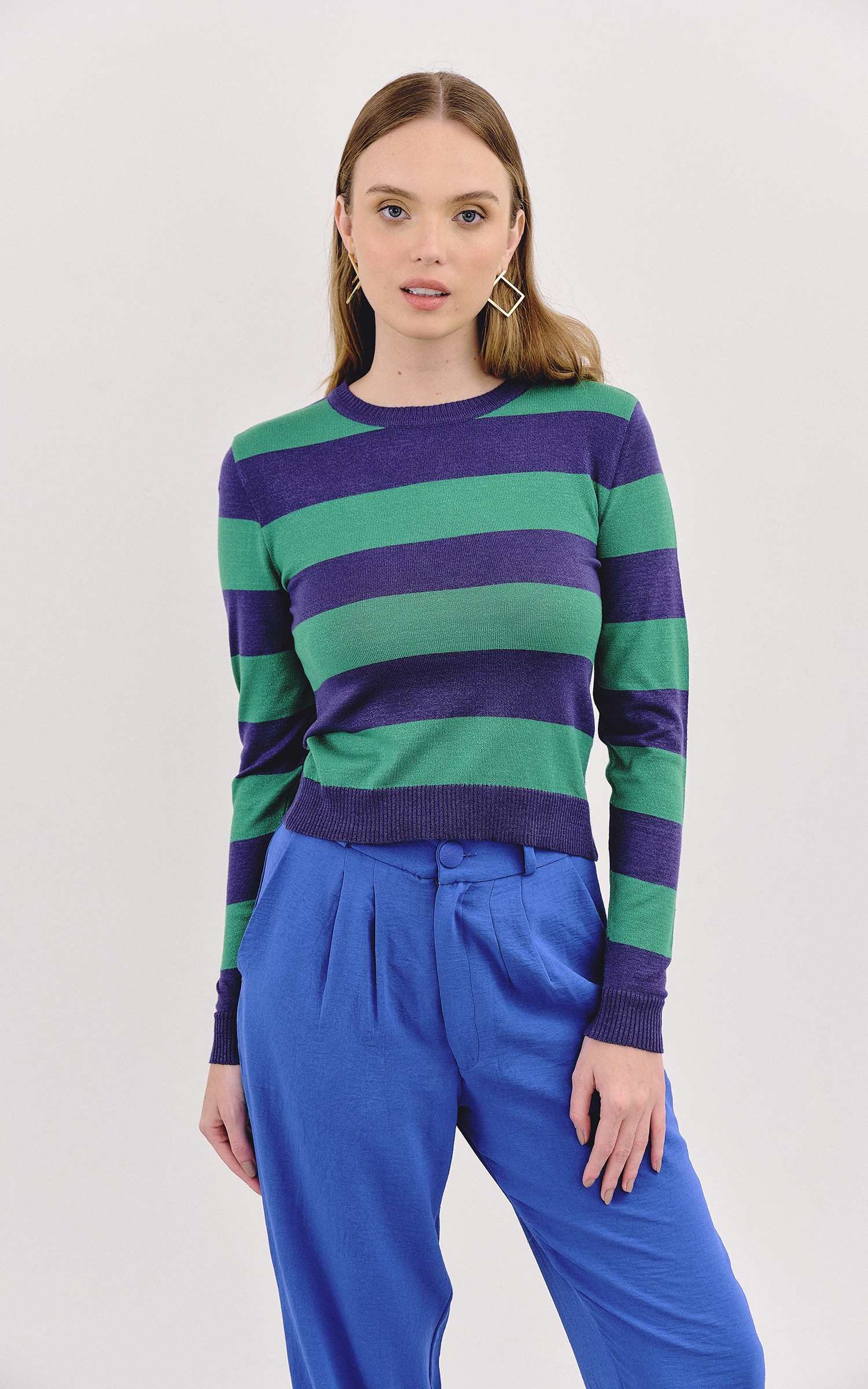 Blusa Tricot Manga Longa Listras Verde e Royal