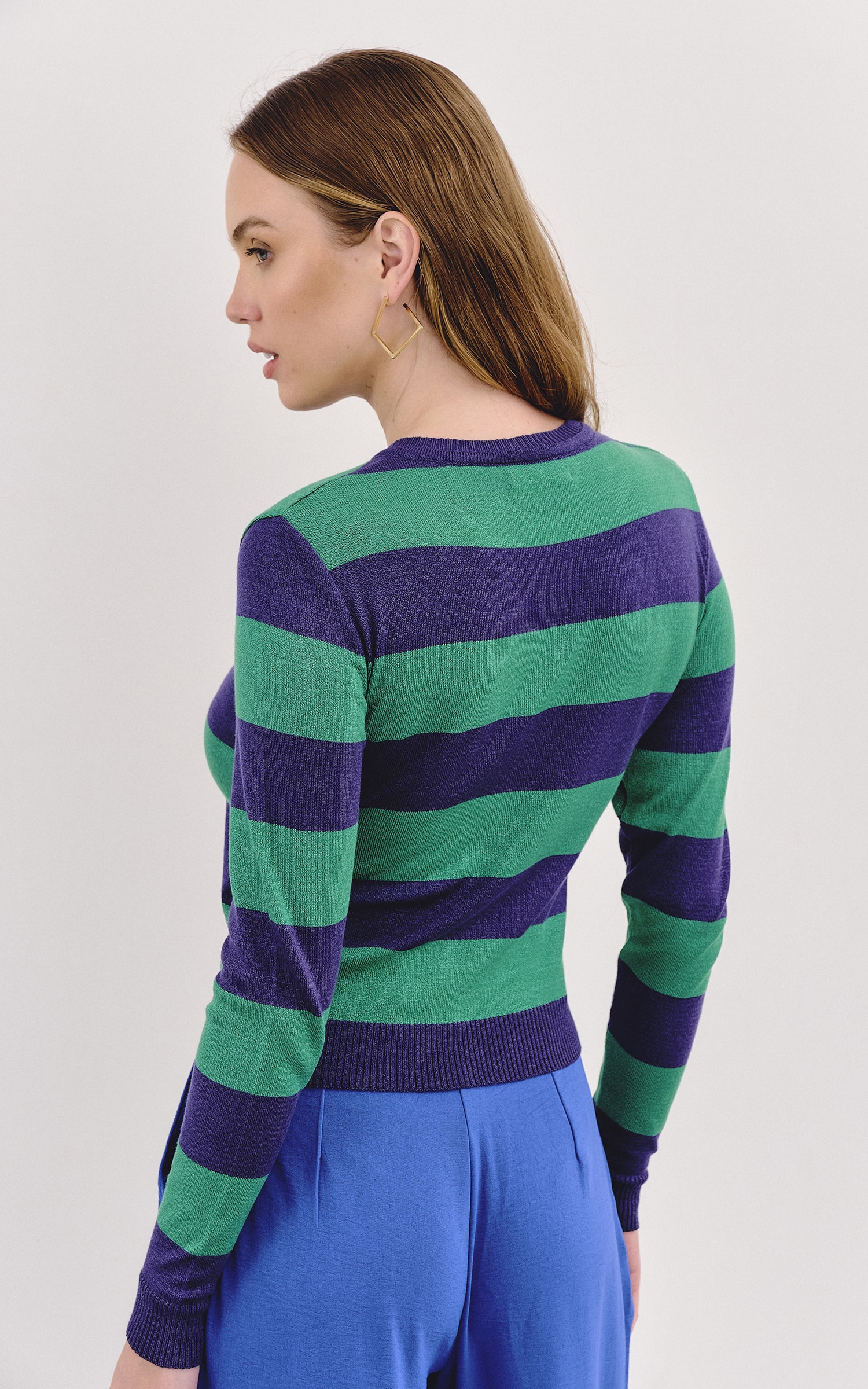 Blusa Tricot Manga Longa Listras Verde e Royal