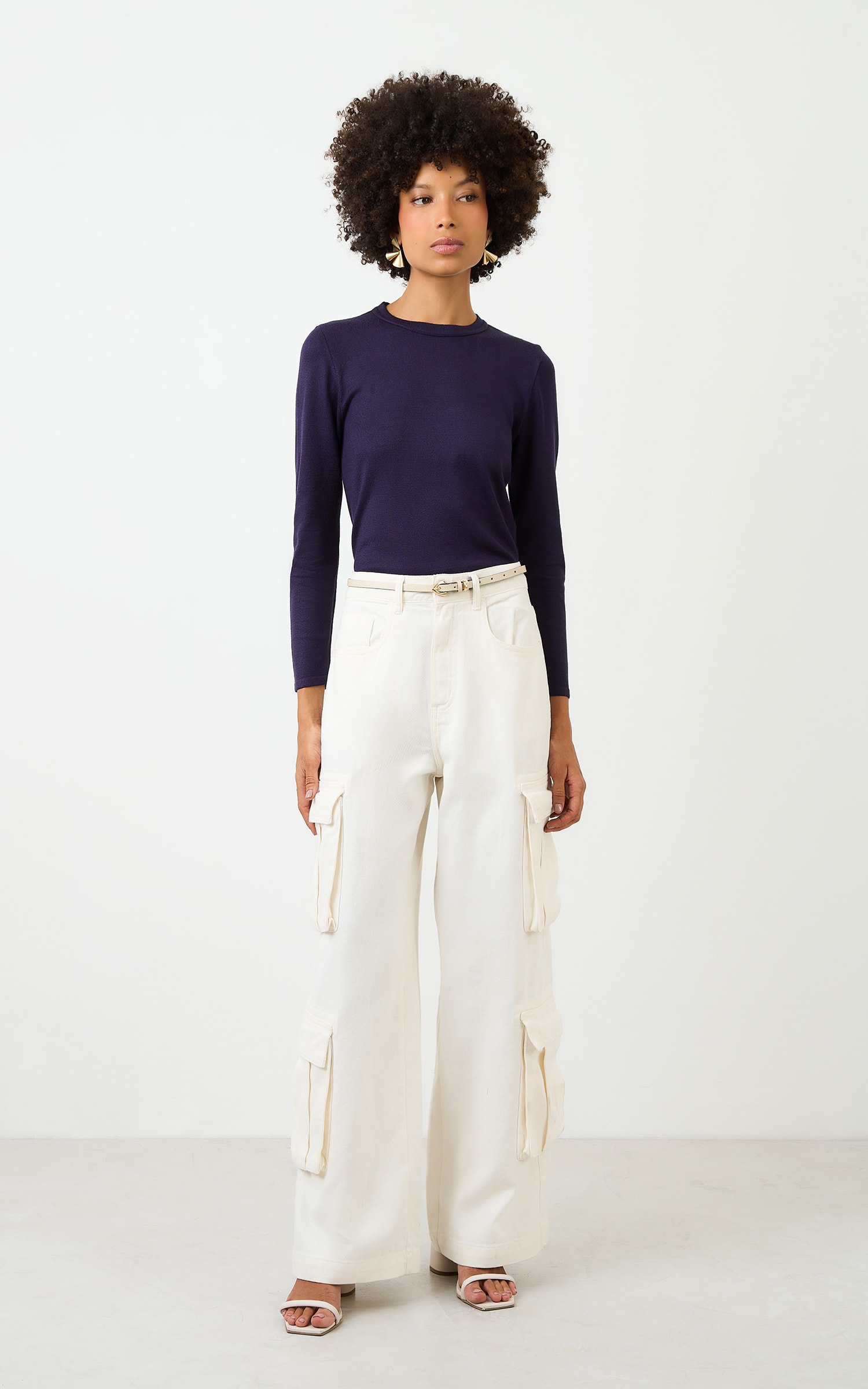 Blusa Tricot Manga Longa Marinho