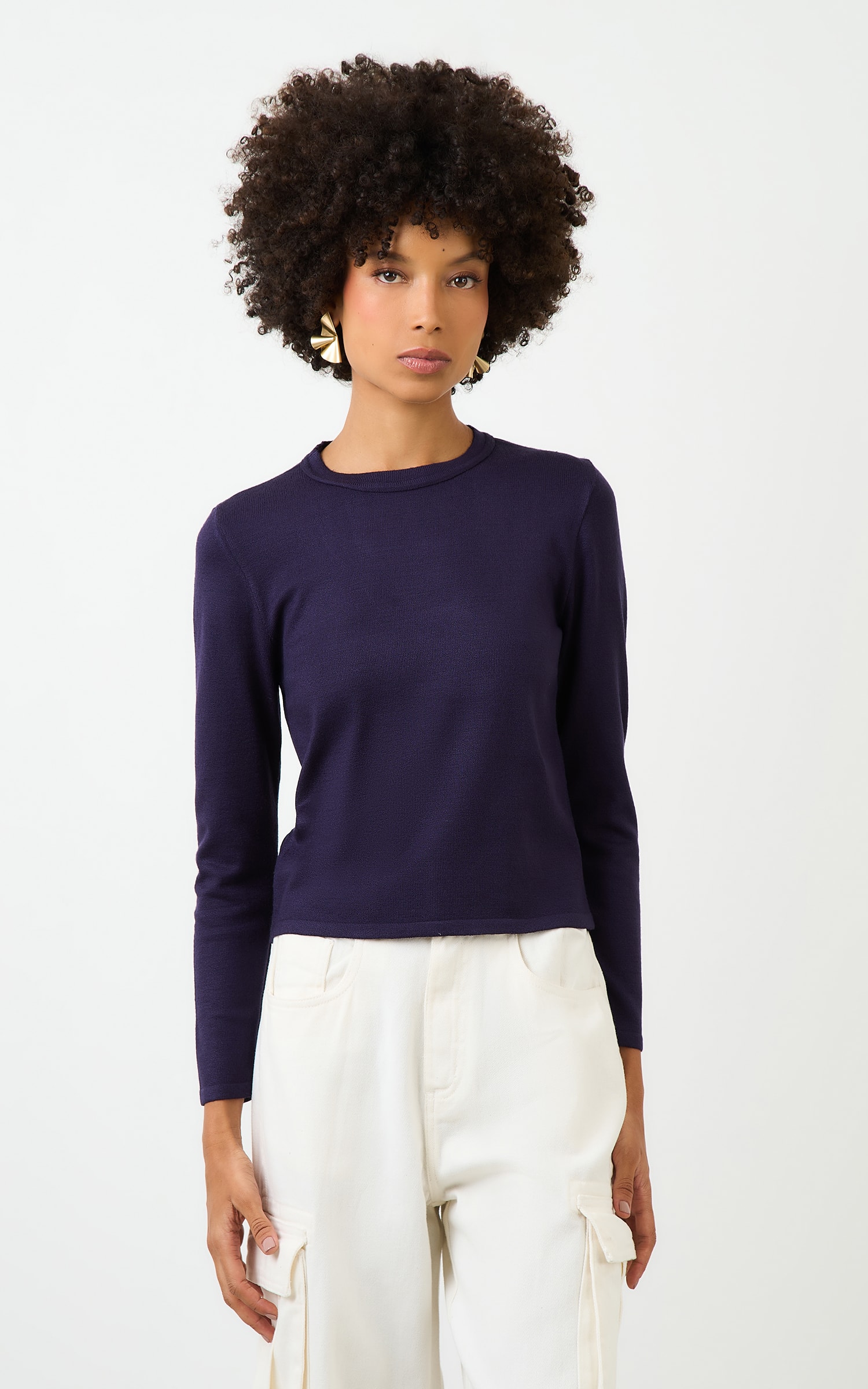 Blusa Tricot Manga Longa Marinho