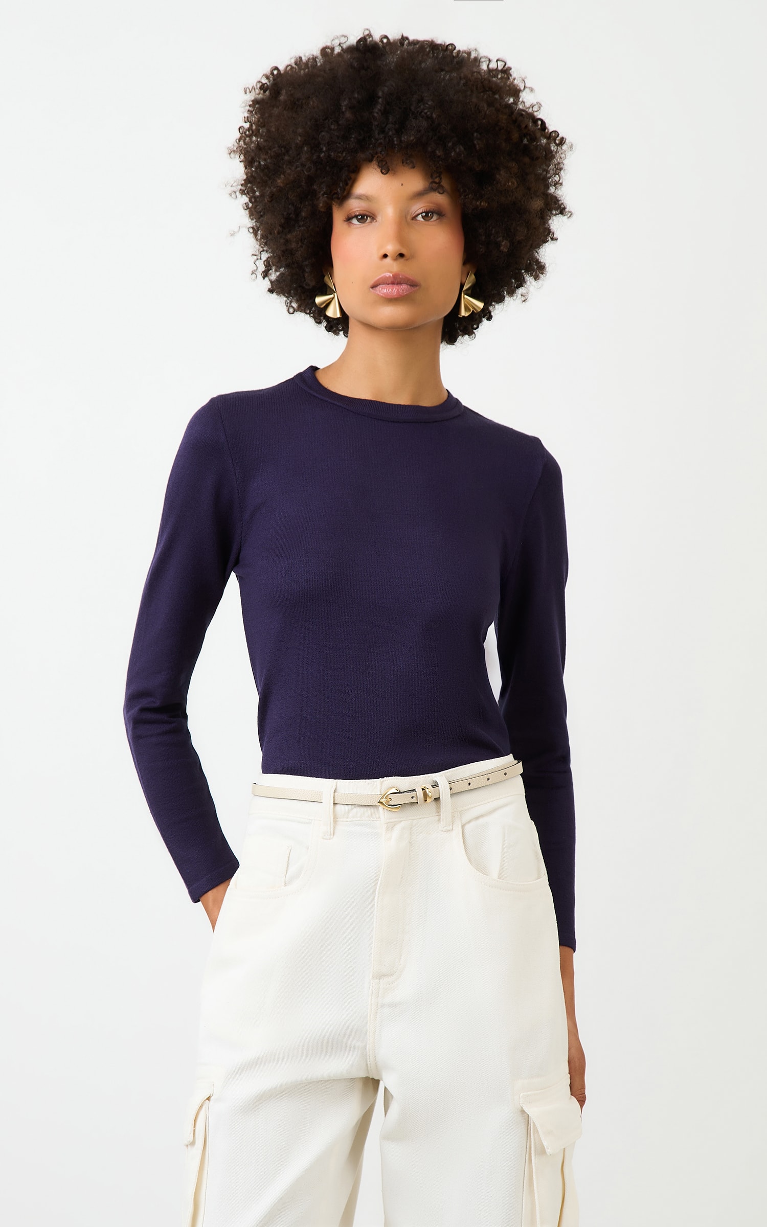 Blusa Tricot Manga Longa Marinho
