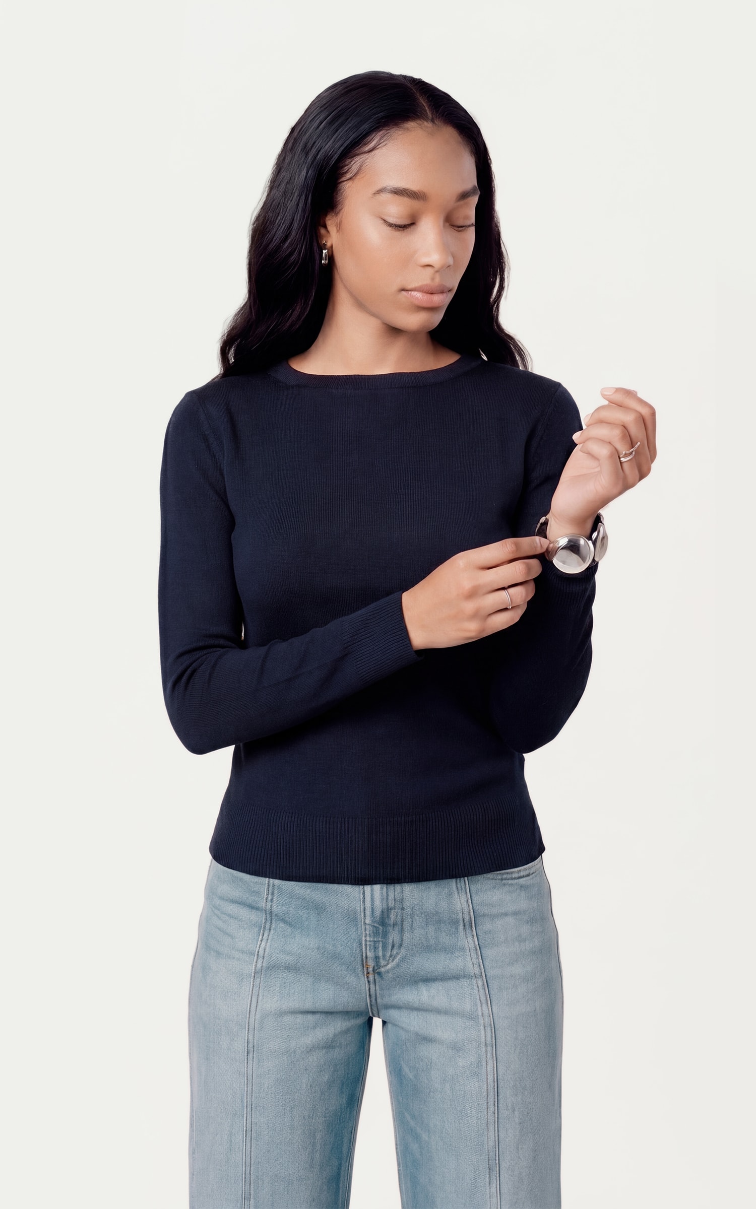 Blusa Tricot Manga Longa Marinho