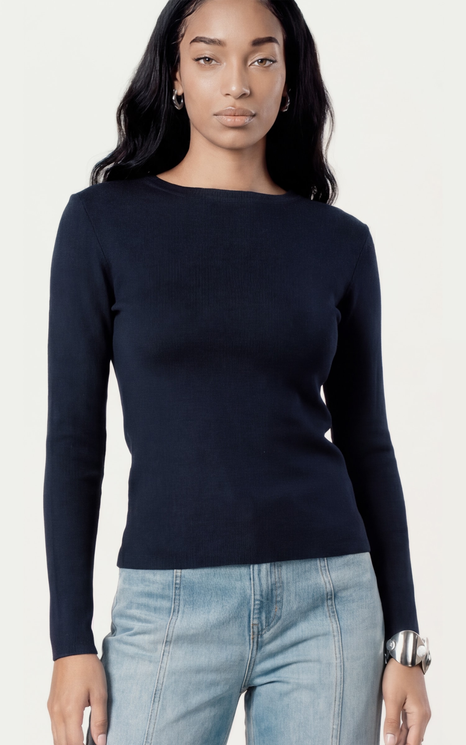 Blusa Tricot Manga Longa Marinho
