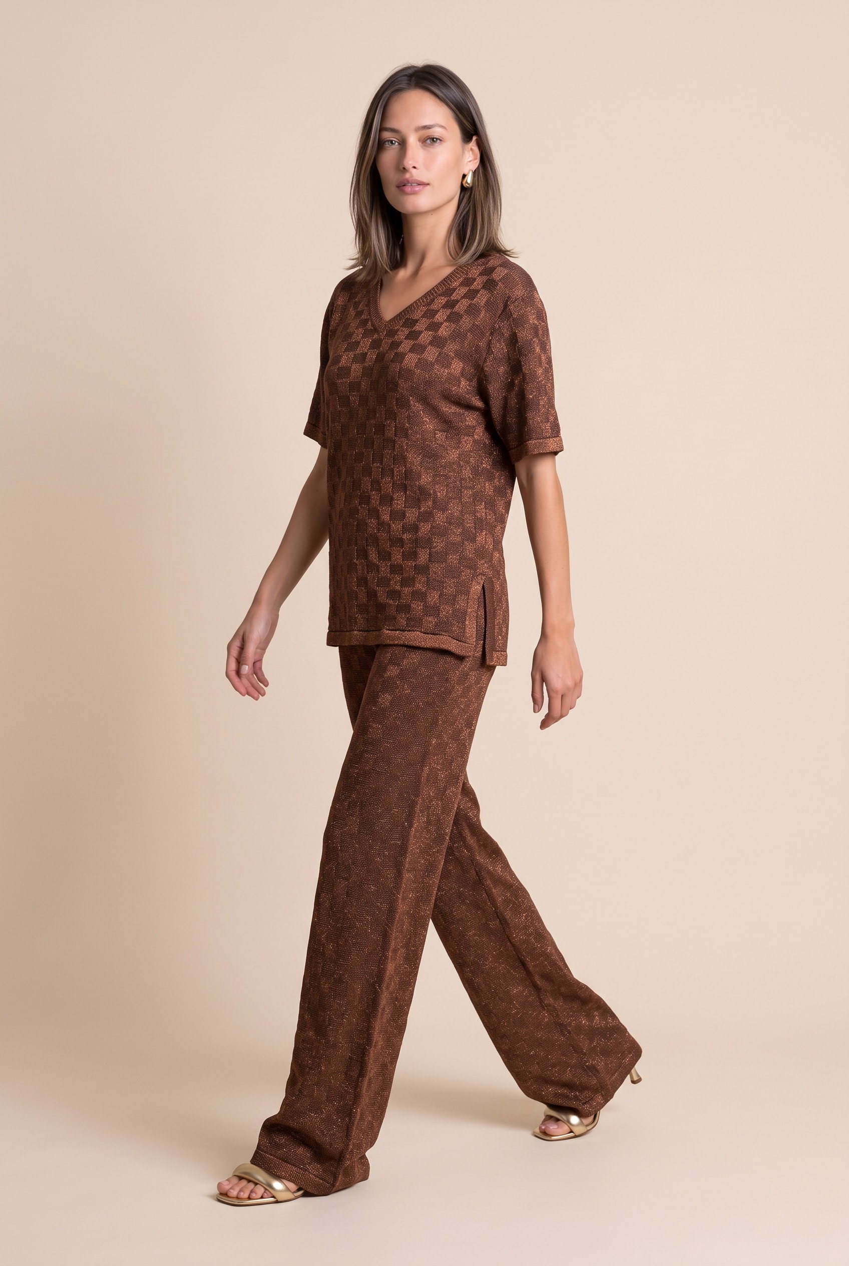Blusa Tricot Mix Lurex Marrom
