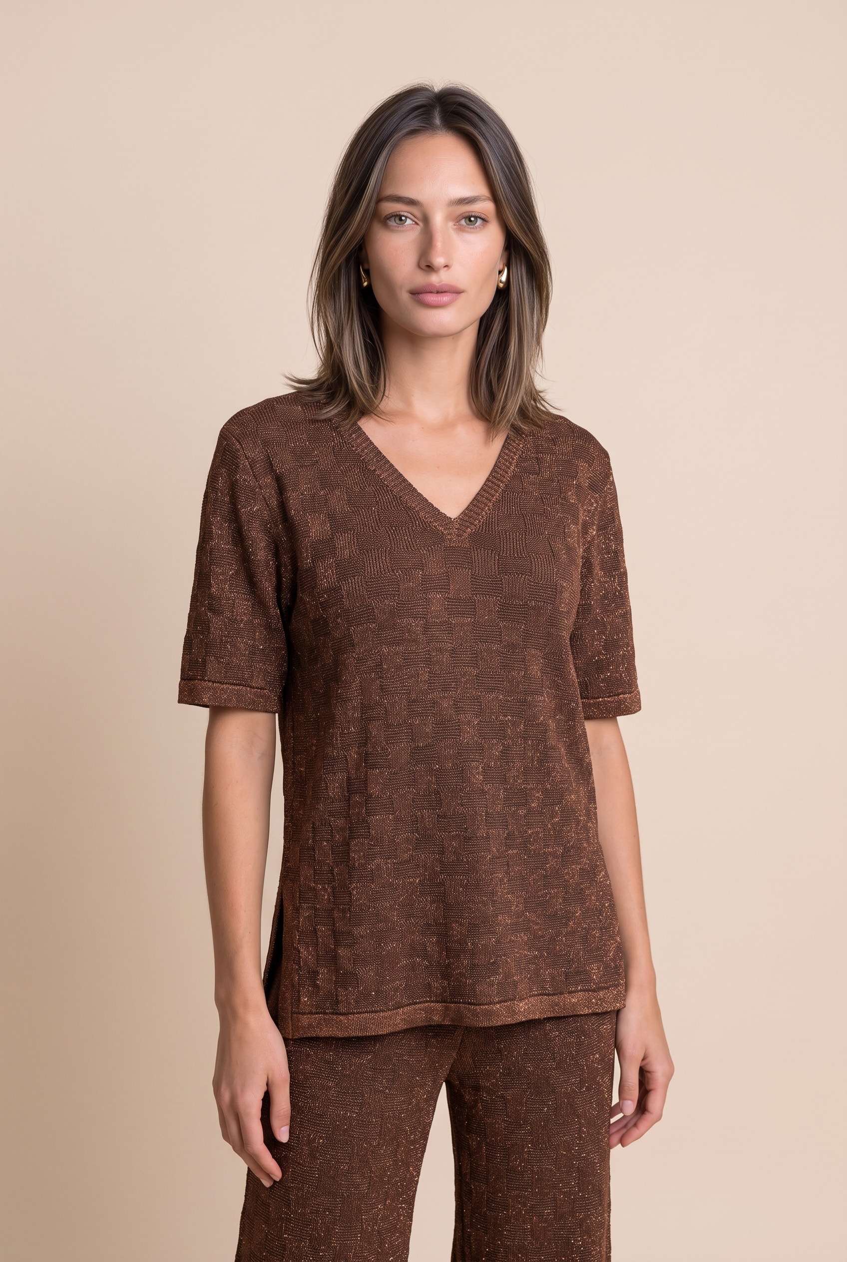 Blusa Tricot Mix Lurex Marrom