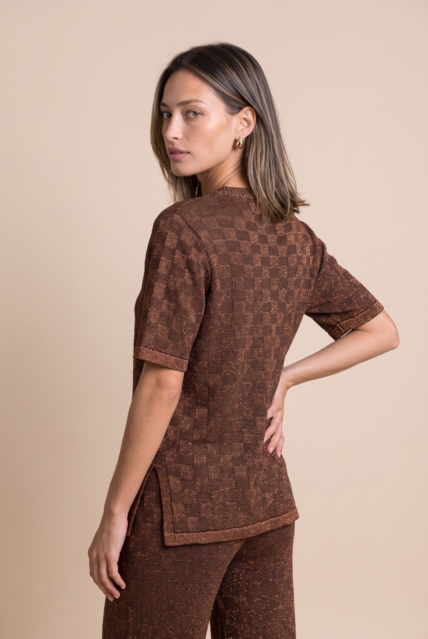 Blusa Tricot Mix Lurex Marrom