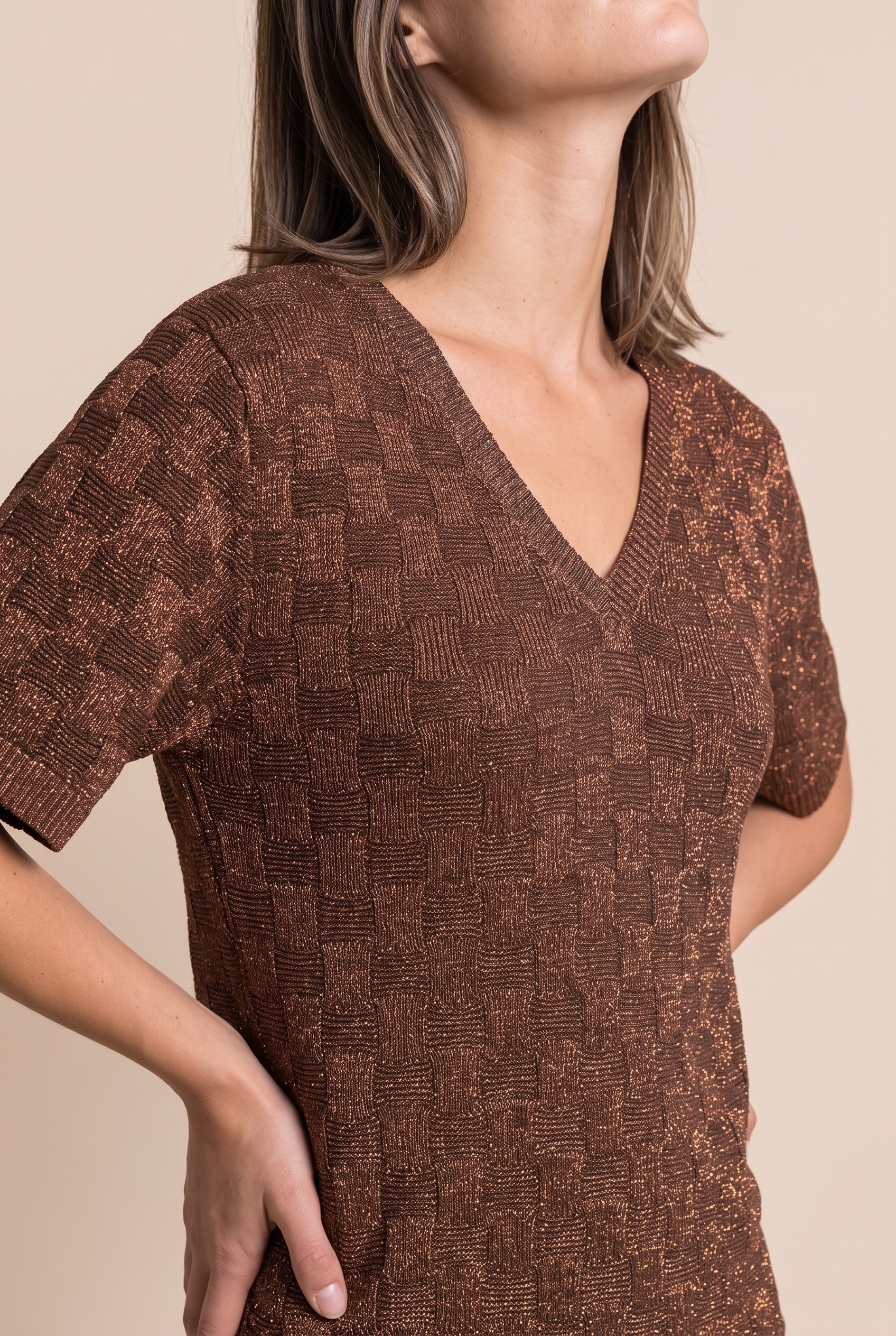 Blusa Tricot Mix Lurex Marrom