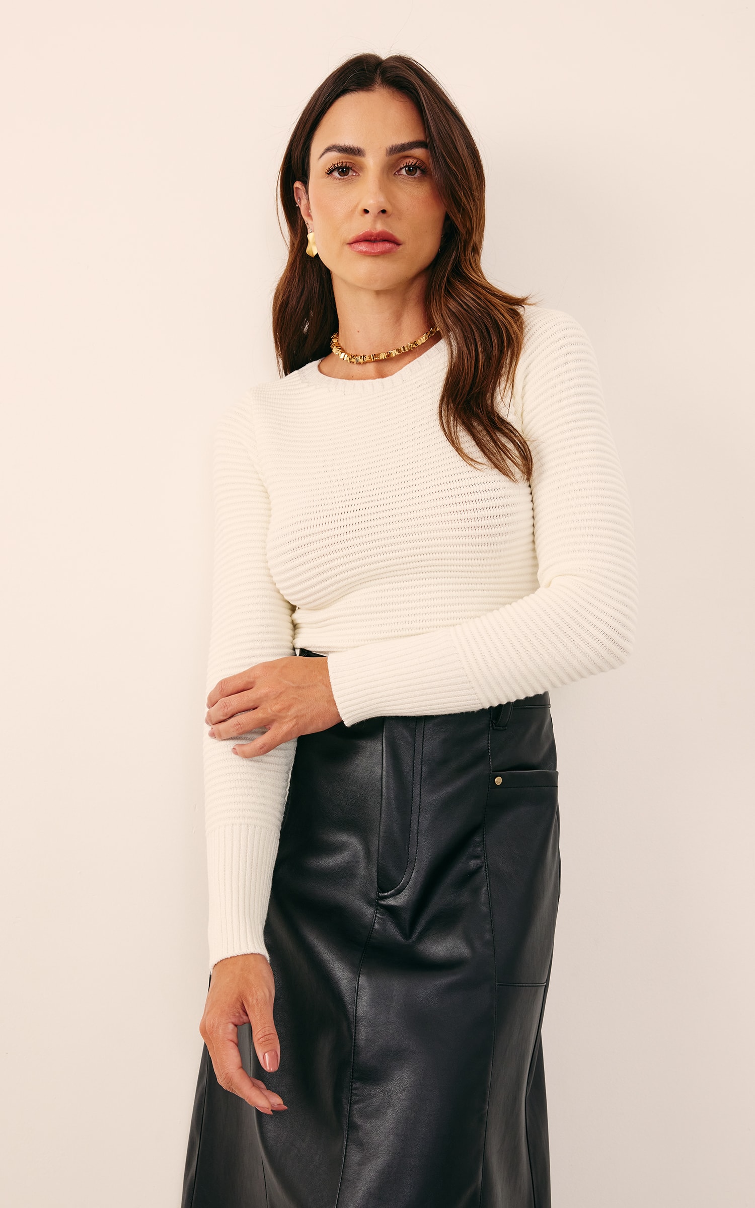 Blusa Tricot Nervuras Off White
