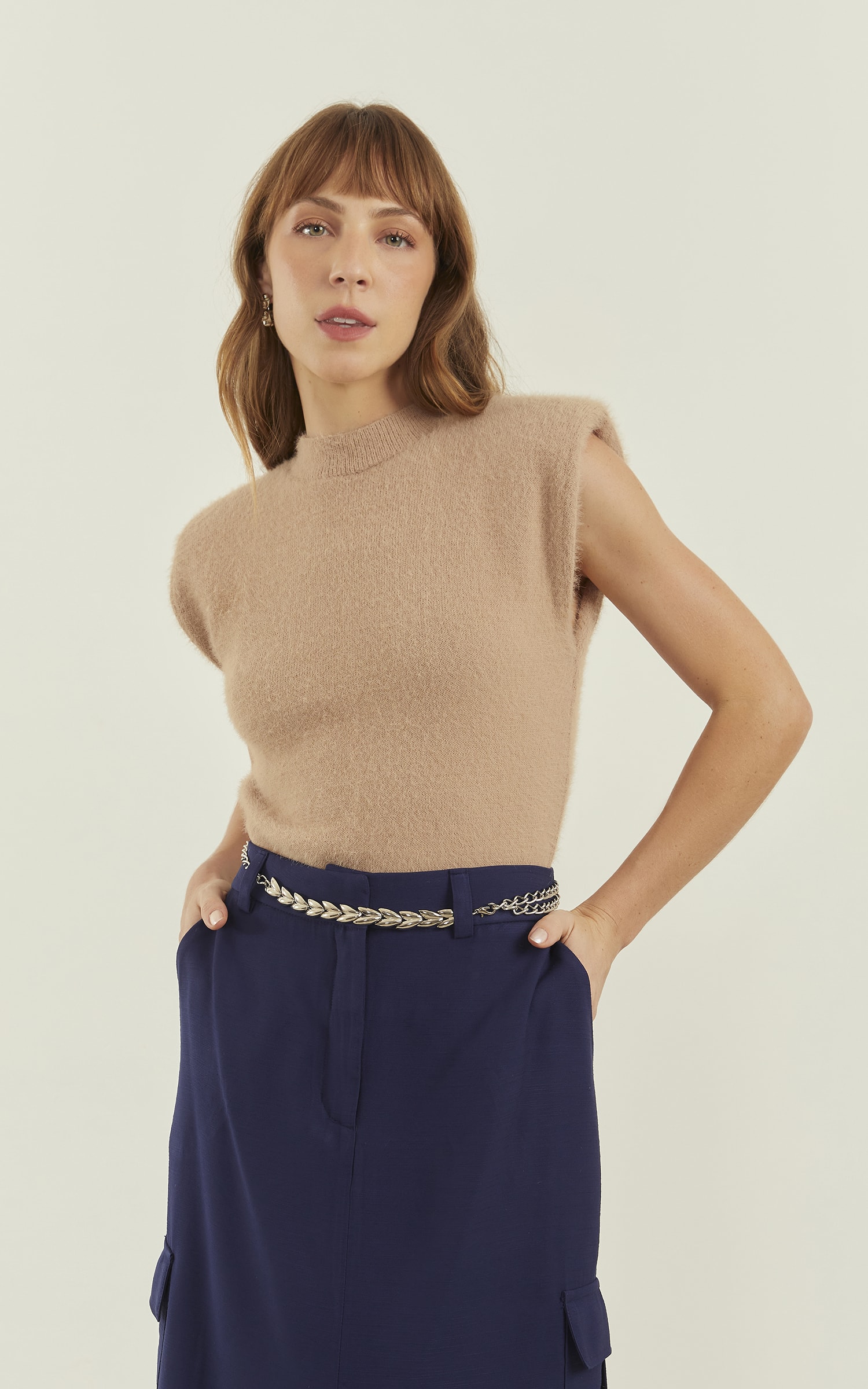 Blusa Tricot Ombreira Amêndoa