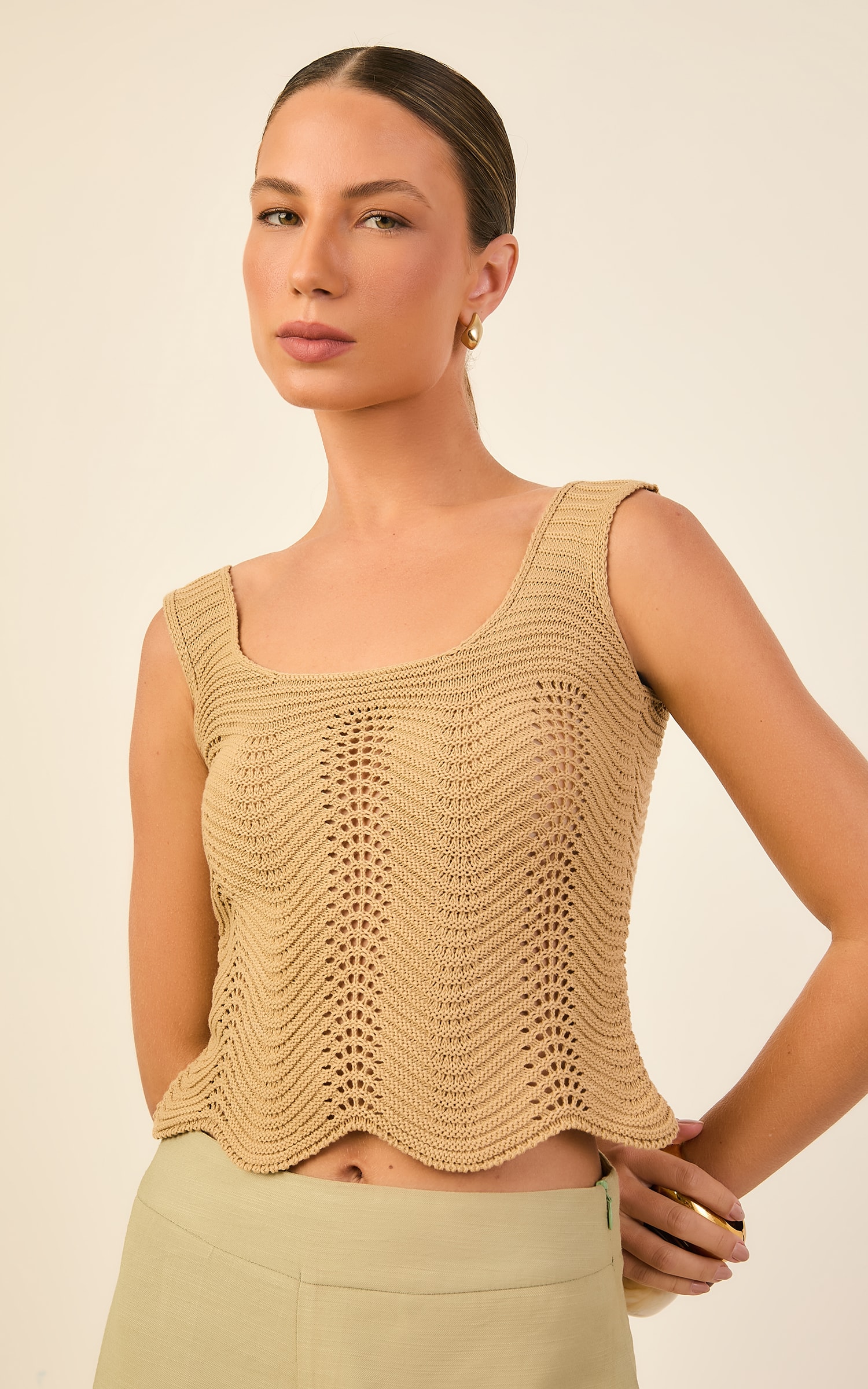 Blusa Tricot Ponto Curva Palha