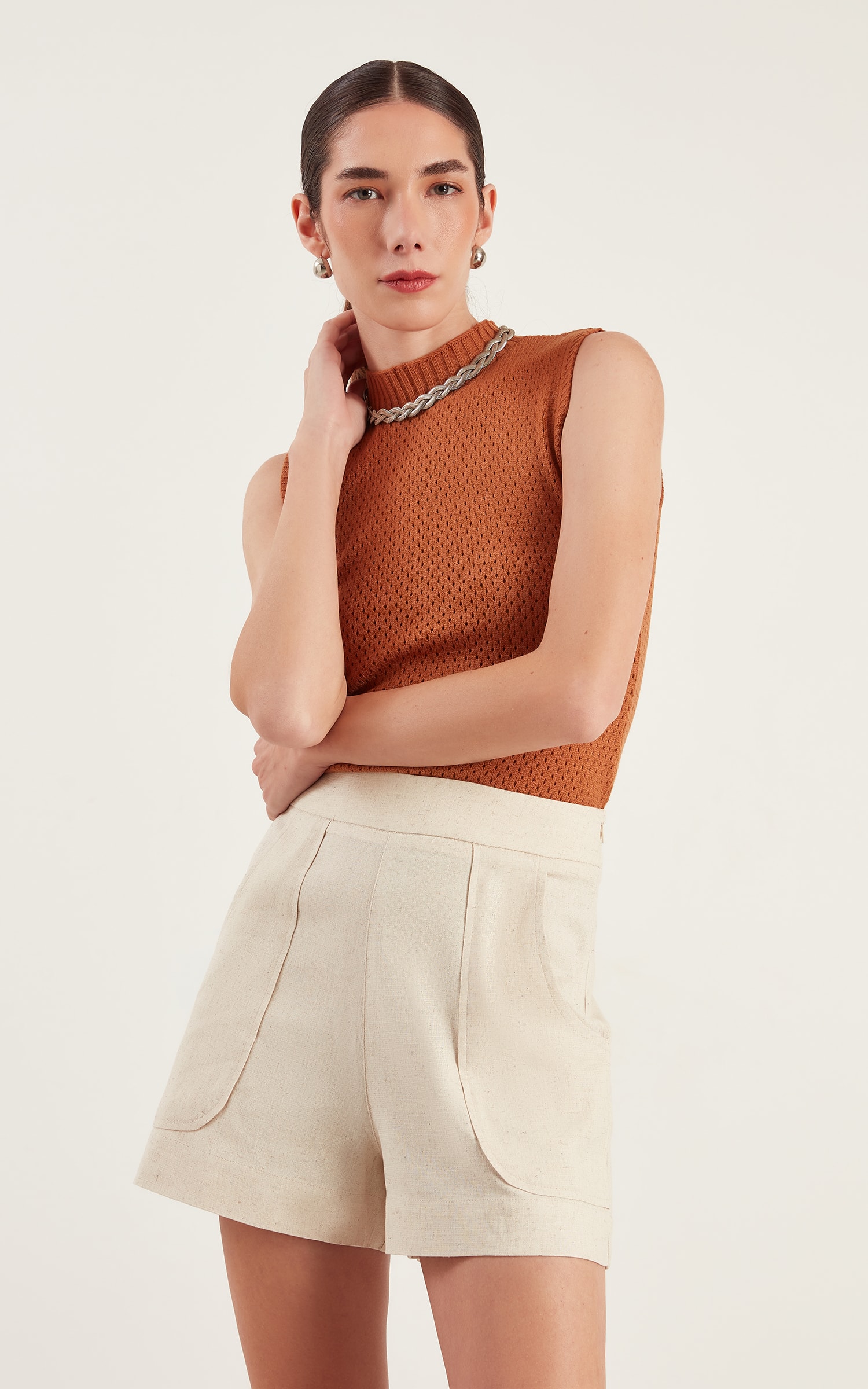 Blusa Tricot Ponto Vazado Caramelo