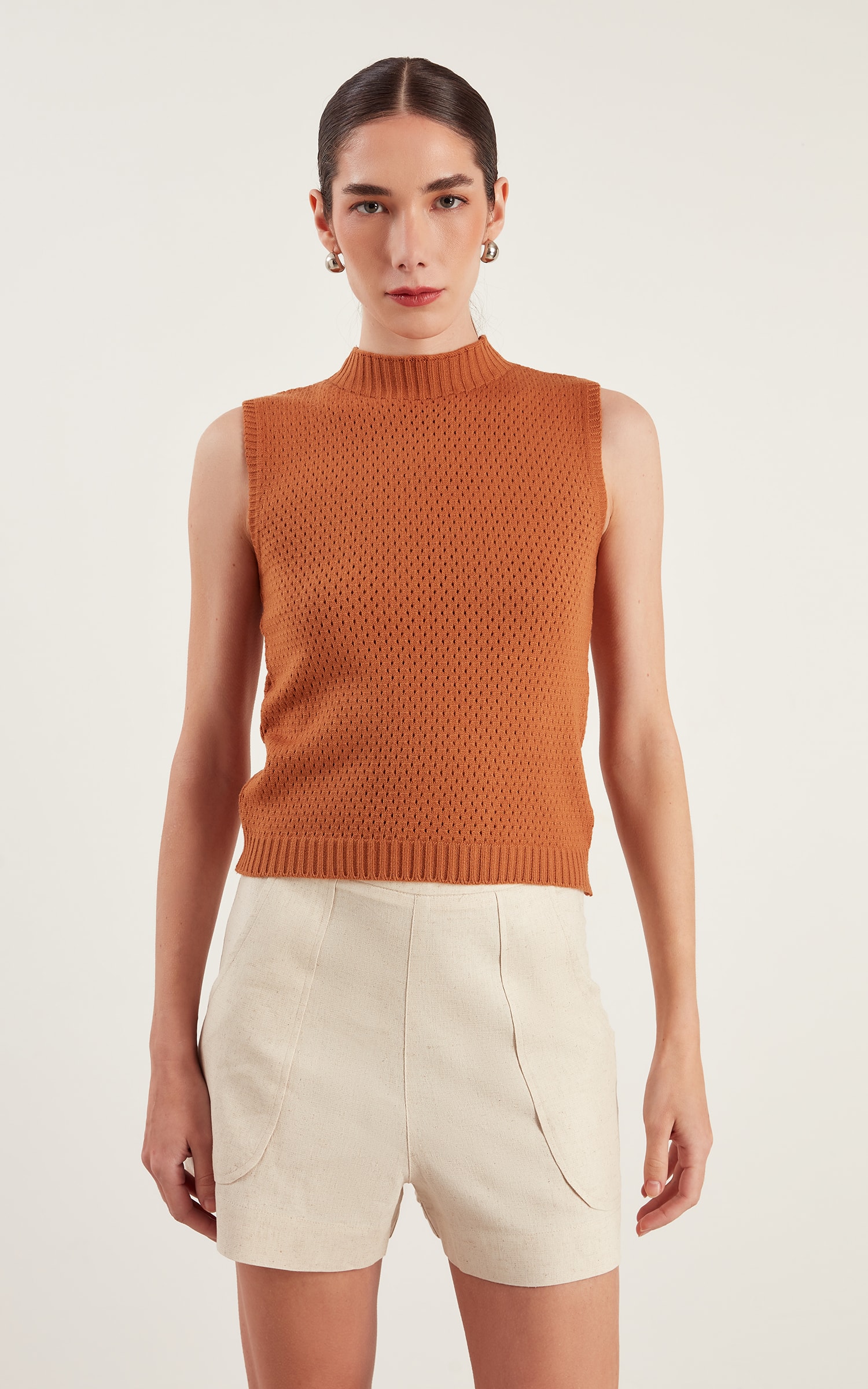 Blusa Tricot Ponto Vazado Caramelo