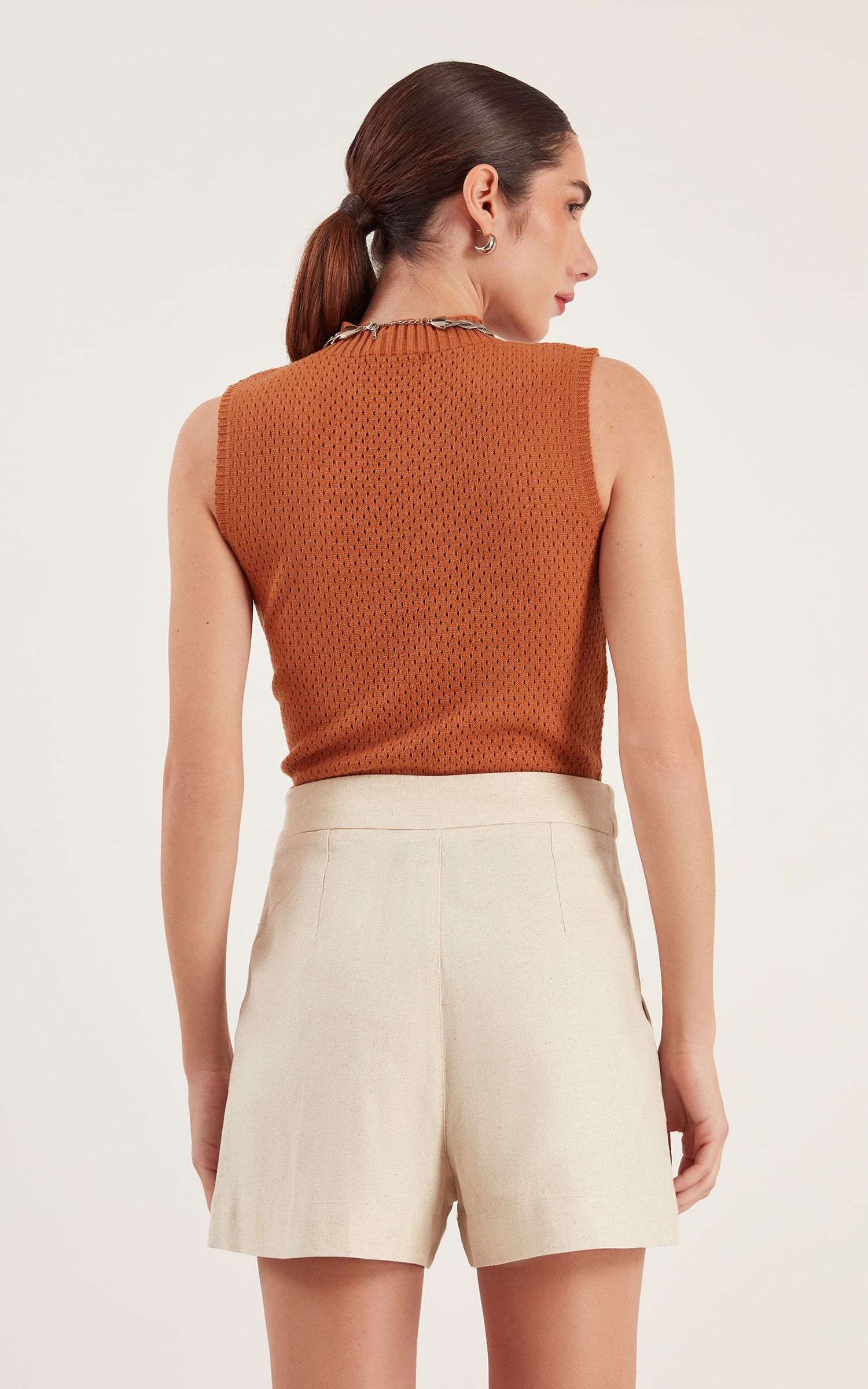 Blusa Tricot Ponto Vazado Caramelo