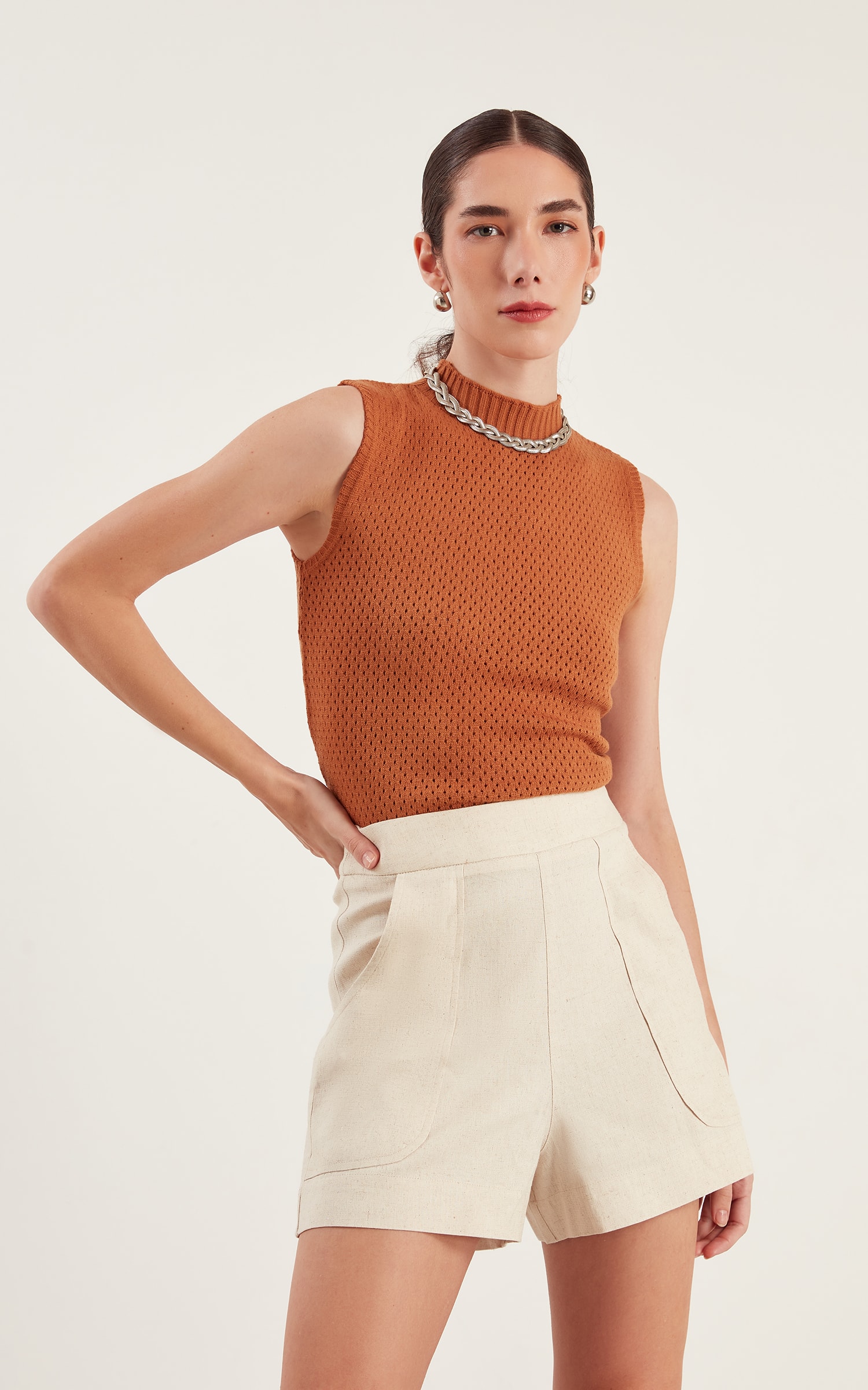 Blusa Tricot Ponto Vazado Caramelo