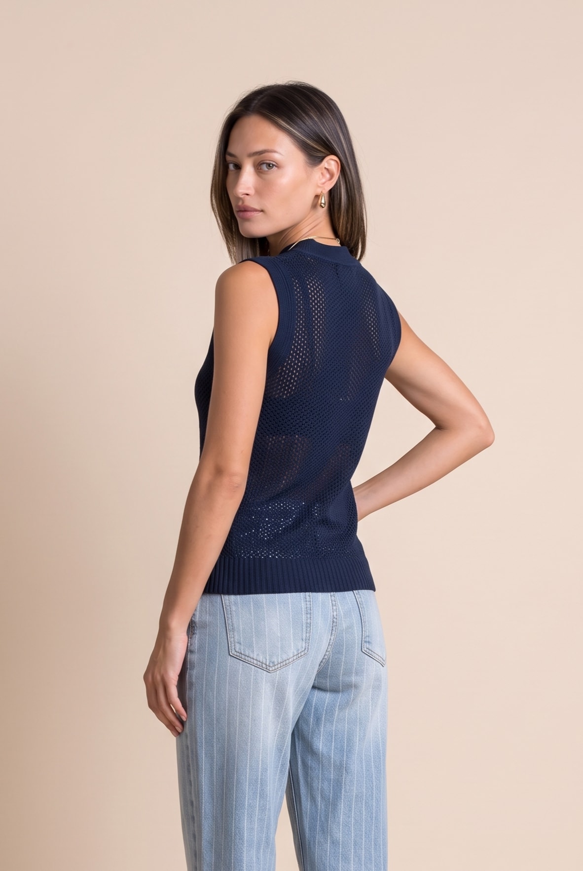 Blusa Tricot Ponto Vazado Marinho
