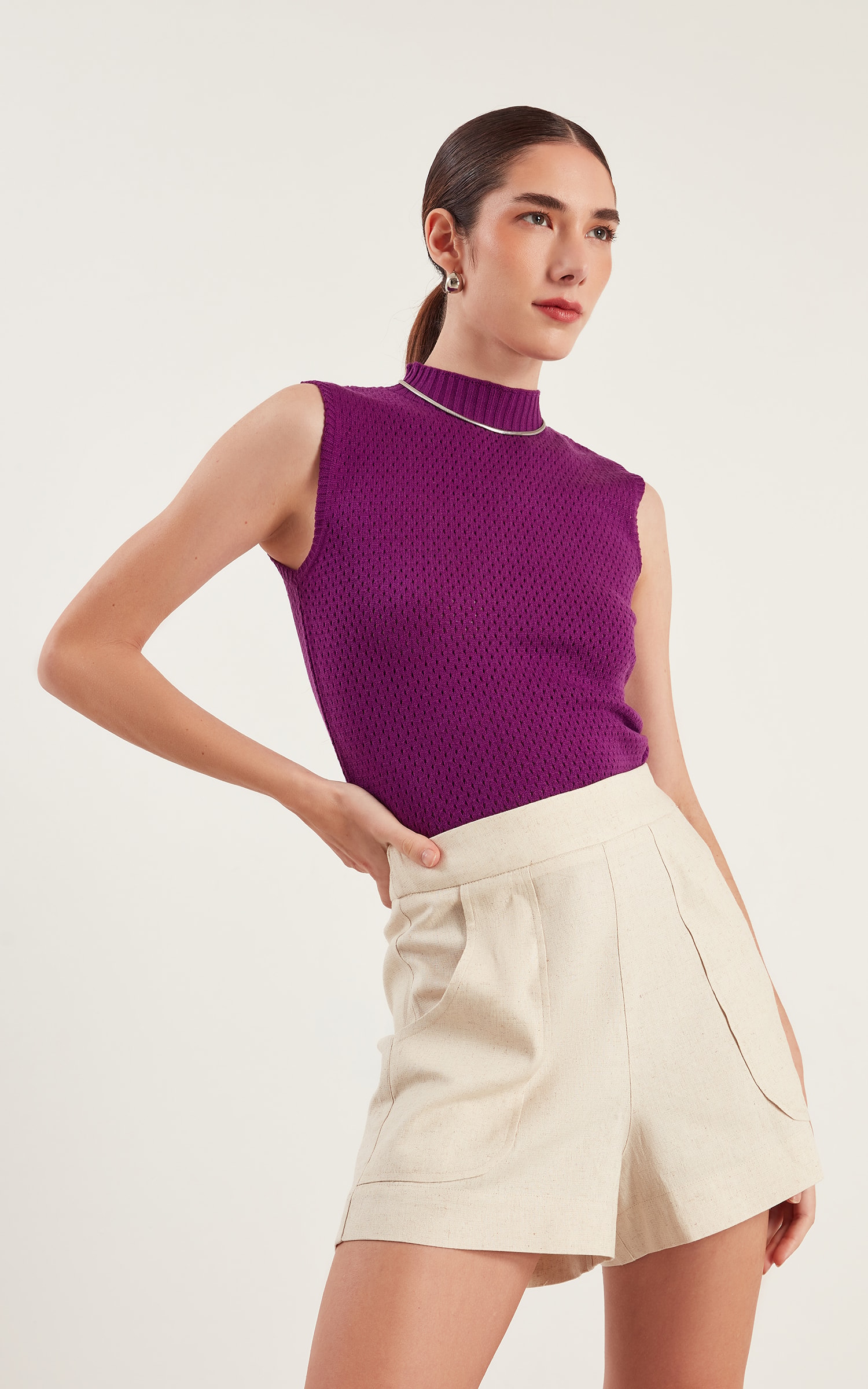 Blusa Tricot Ponto Vazado Roxo