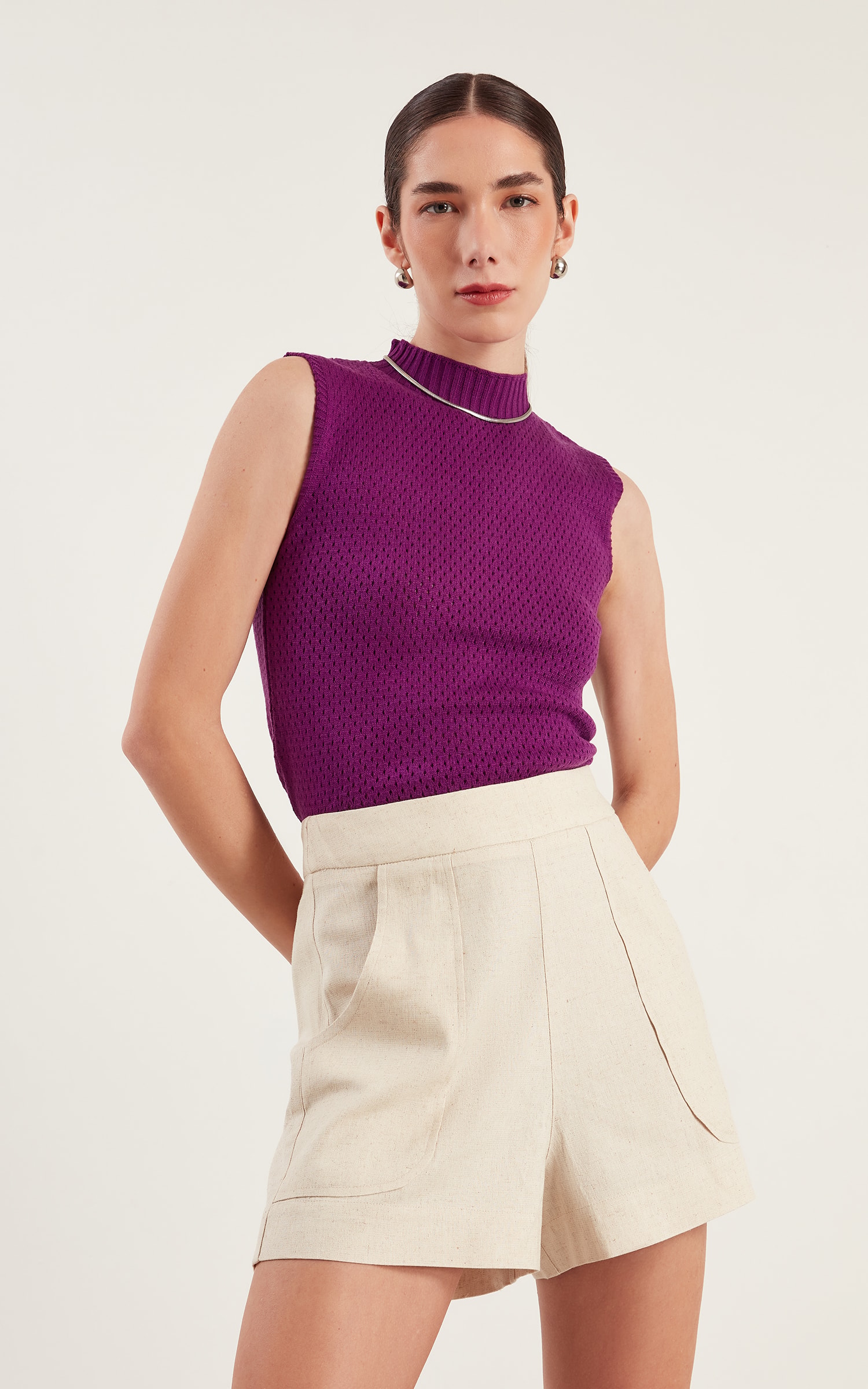 Blusa Tricot Ponto Vazado Roxo