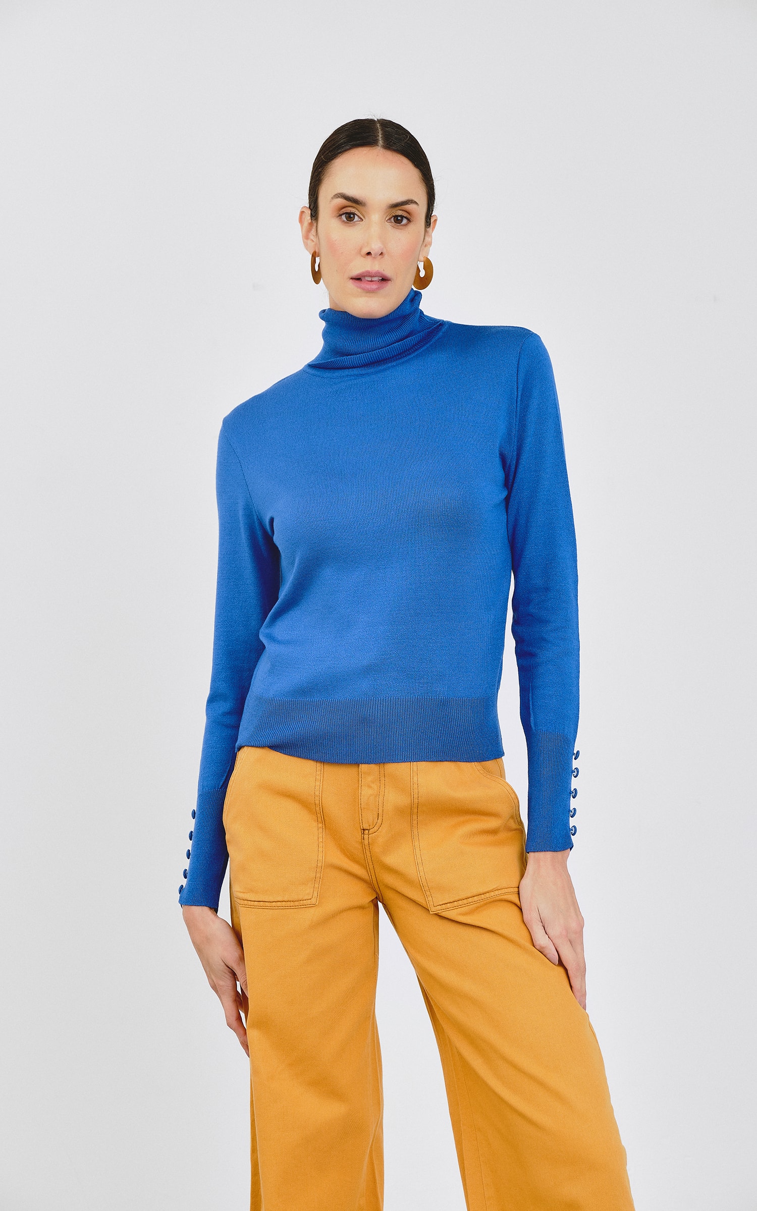 Blusa Tricot Punho Botões Azul