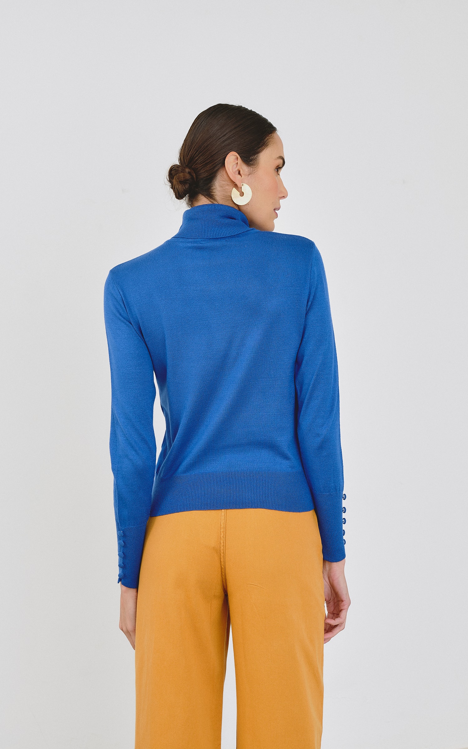 Blusa Tricot Punho Botões Azul