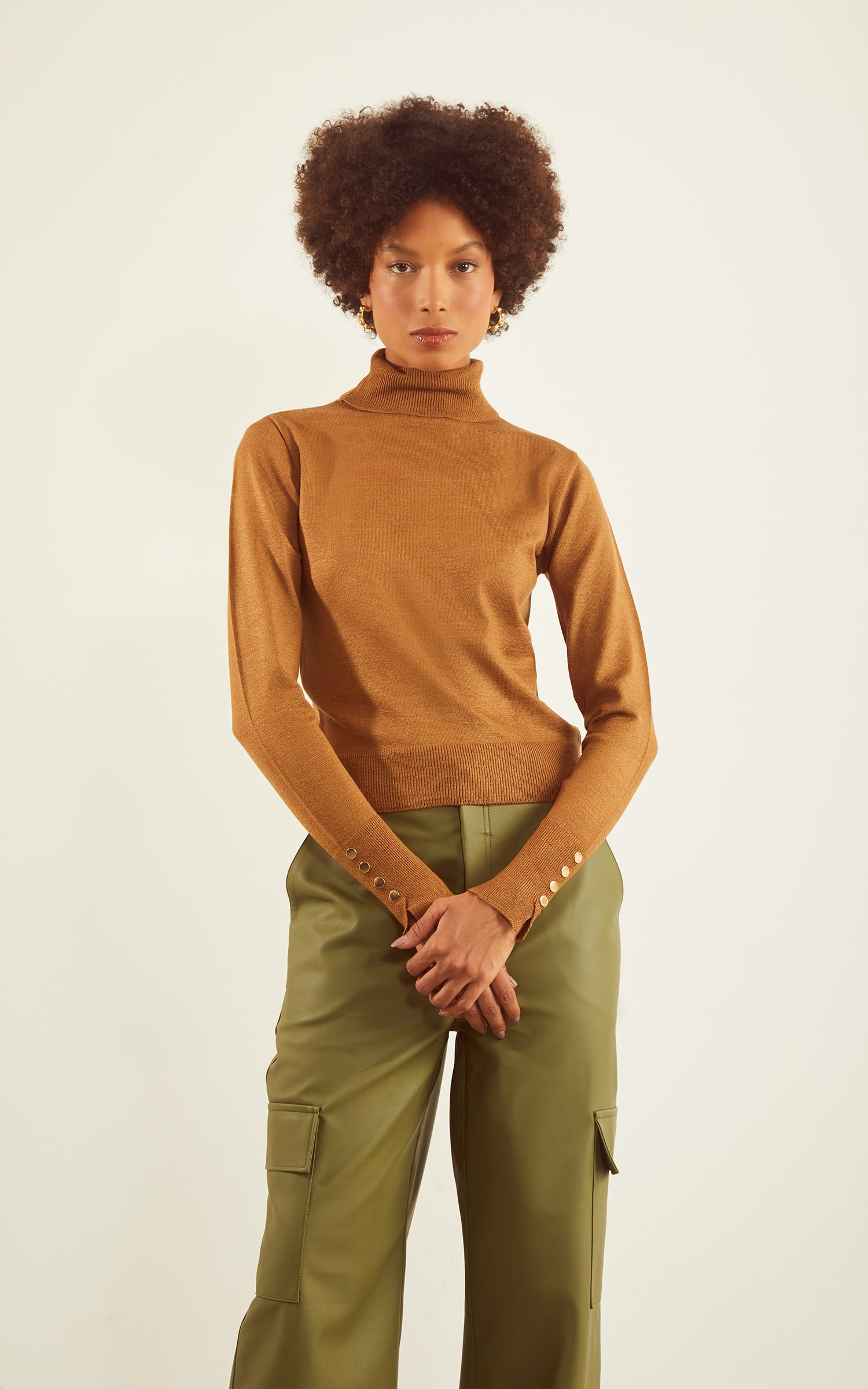 Blusa Tricot Punho Botões Caramelo