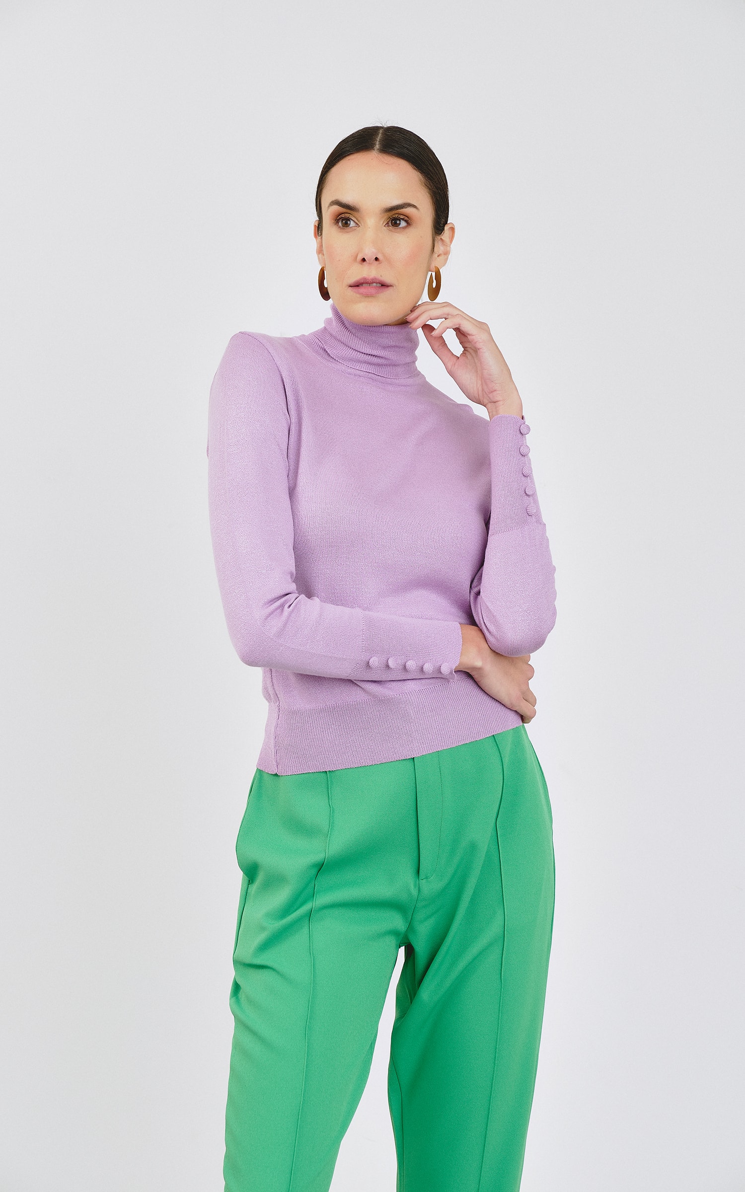Blusa Tricot Punho Botões Lavanda