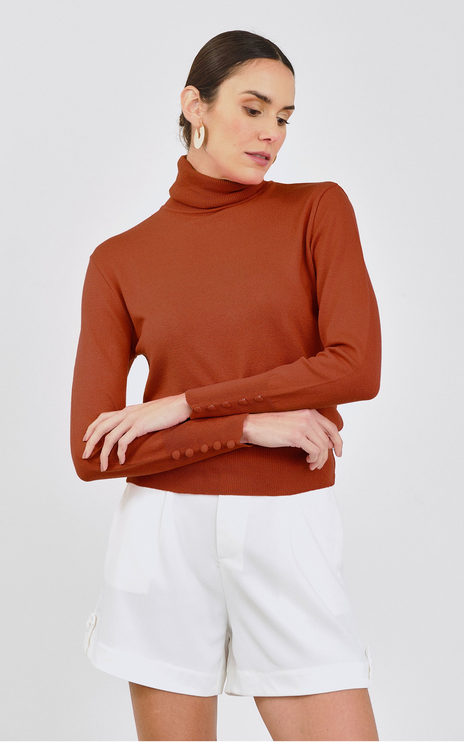 Blusa Tricot Punho Botões Marrom