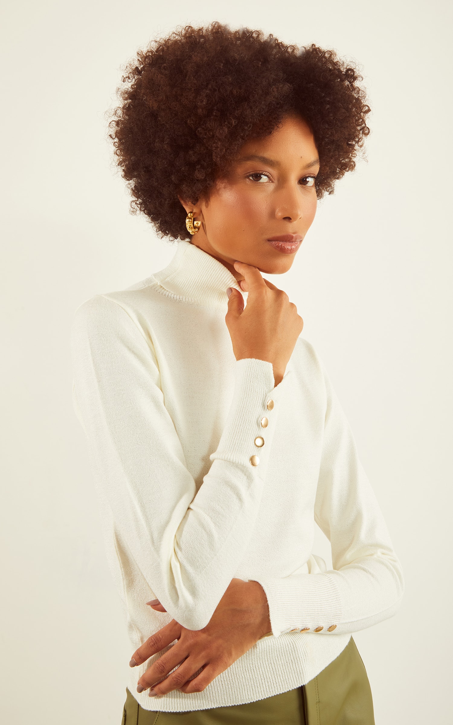 Blusa Tricot Punho Botões Off White